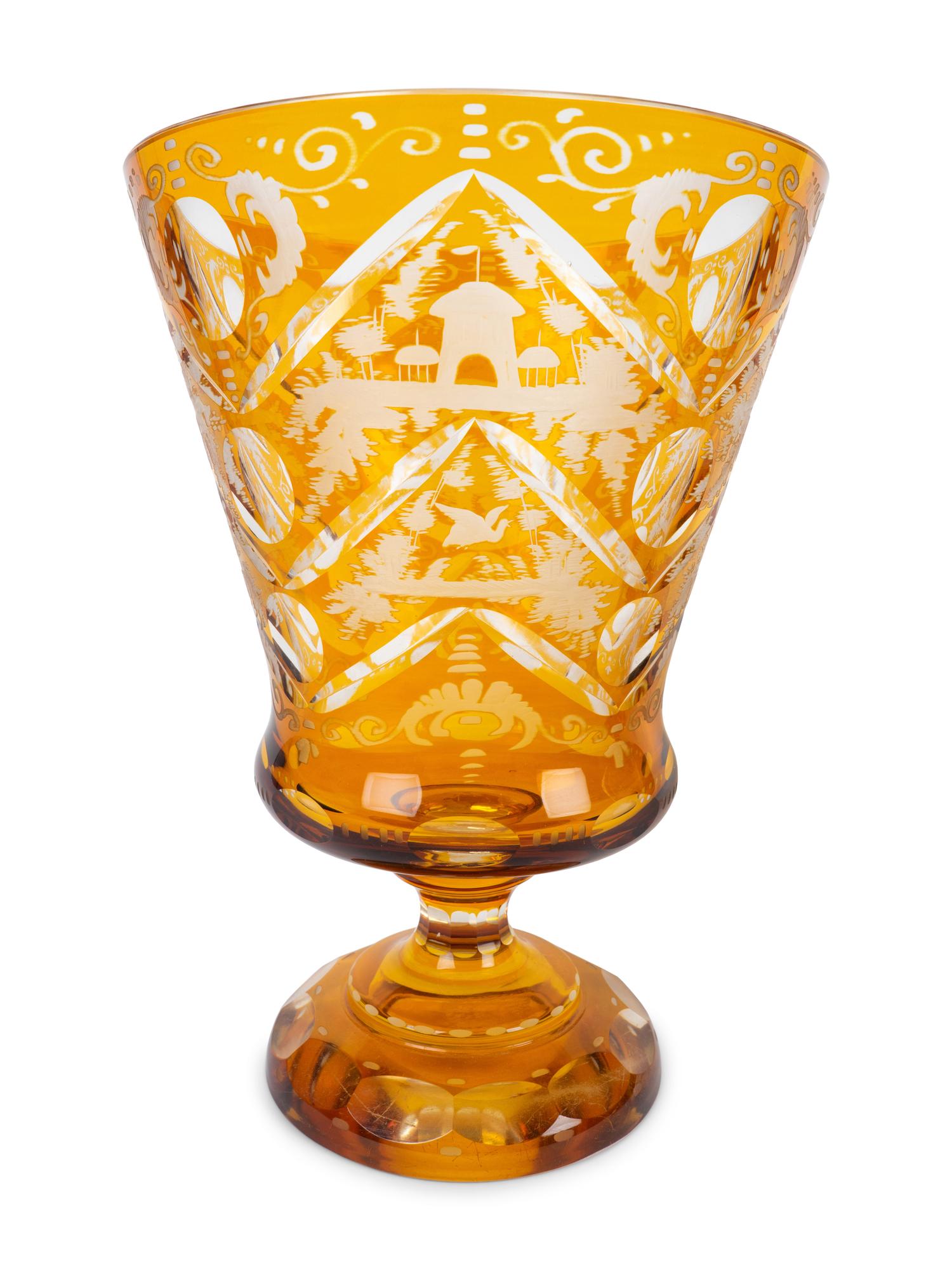 A Pair of Bohemian Amber Cut-to-Clear Footed Vases — 19TH/20TH CENTURY