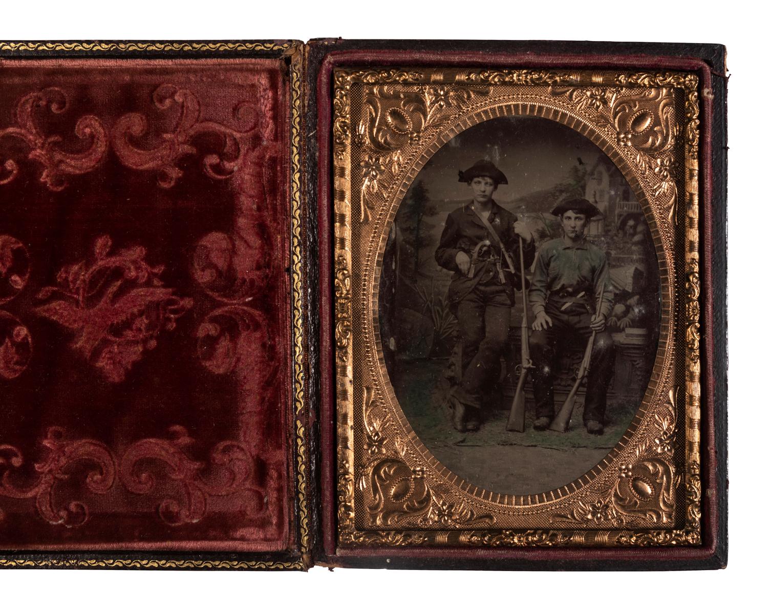 [EARLY PHOTOGRAPHY - TINTYPE]. A group of 4 tintype portraits of civilians with weapons, including: