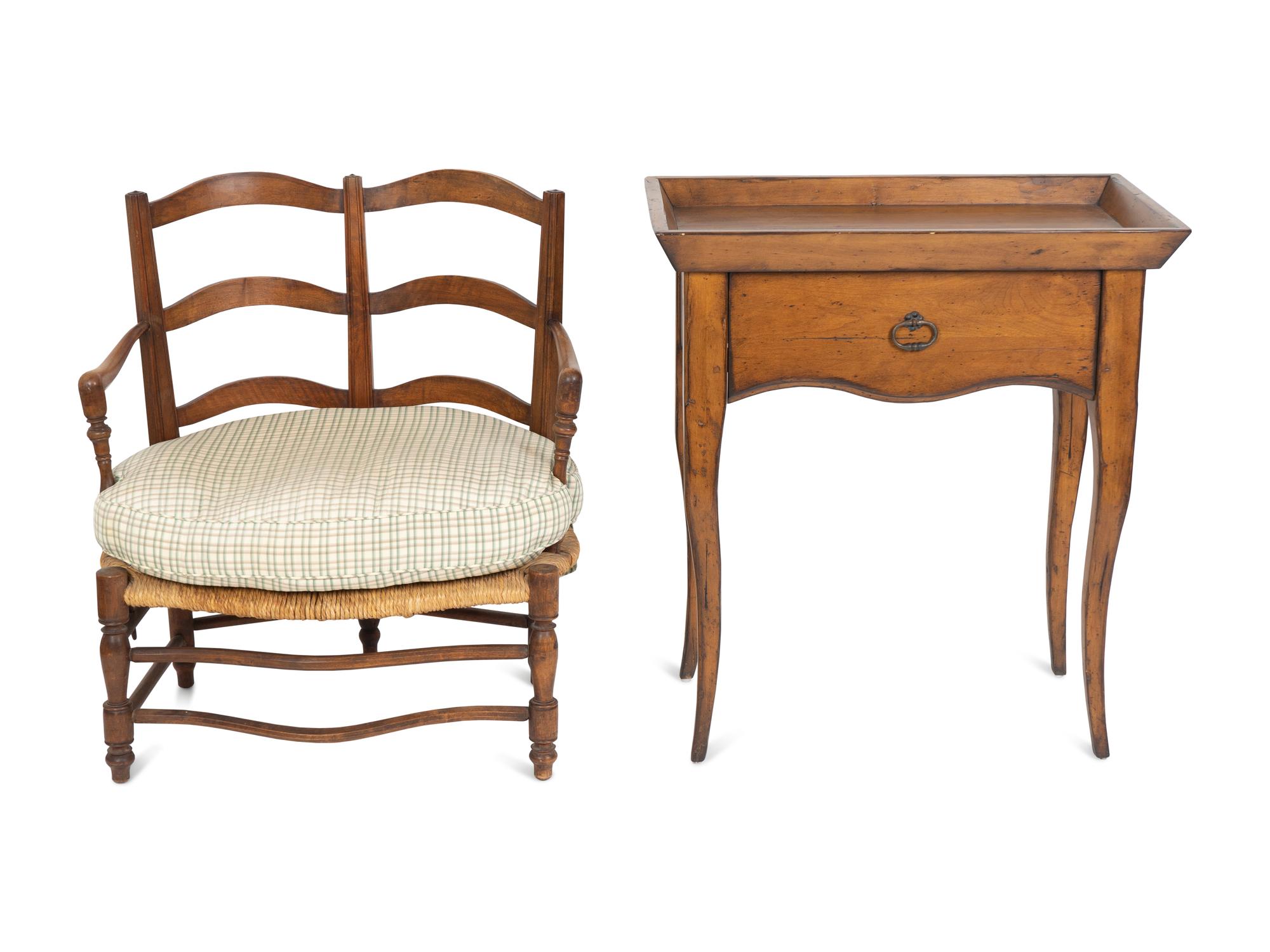 A French Provincial Tray Top Side Table and a Rush-seat Bench — 19TH/20TH CENTURY