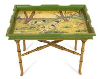 A Lacquered Wood Tray Top Table on Faux Bamboo Folding Stand — 20TH CENTURY