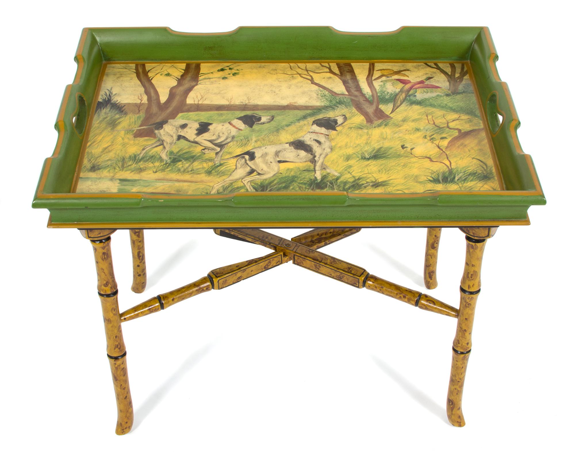A Lacquered Wood Tray Top Table on Faux Bamboo Folding Stand — 20TH CENTURY