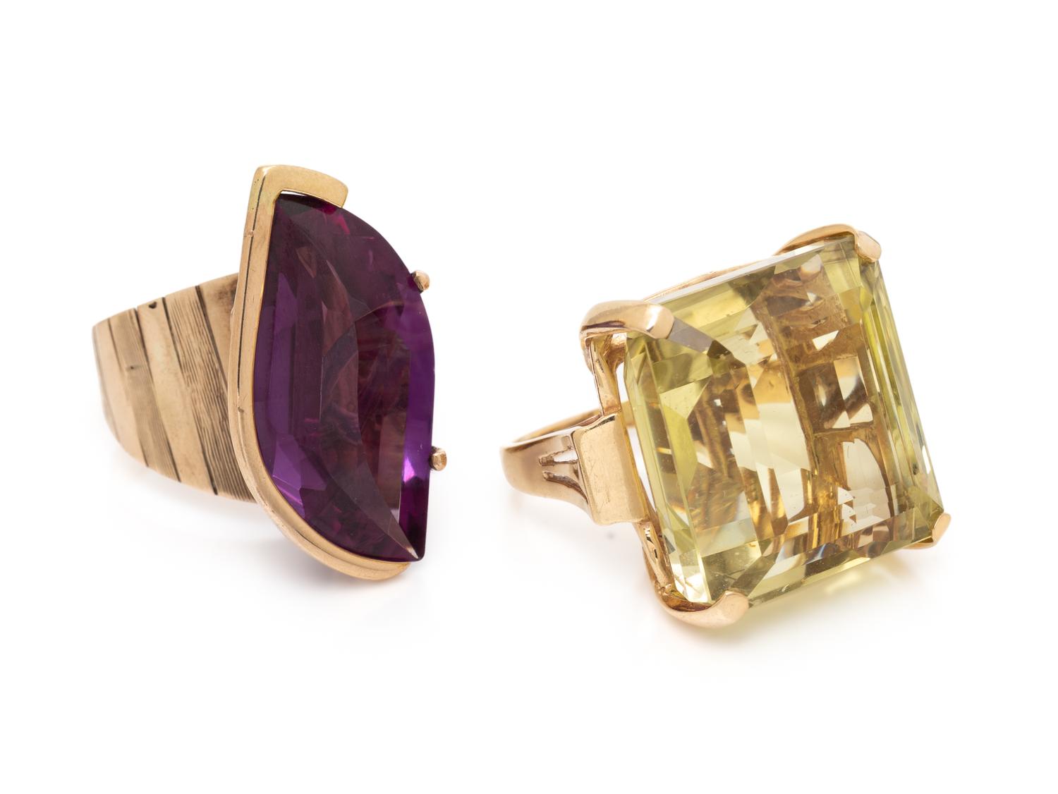 TWO YELLOW GOLD AND GEMSTONE RINGS
