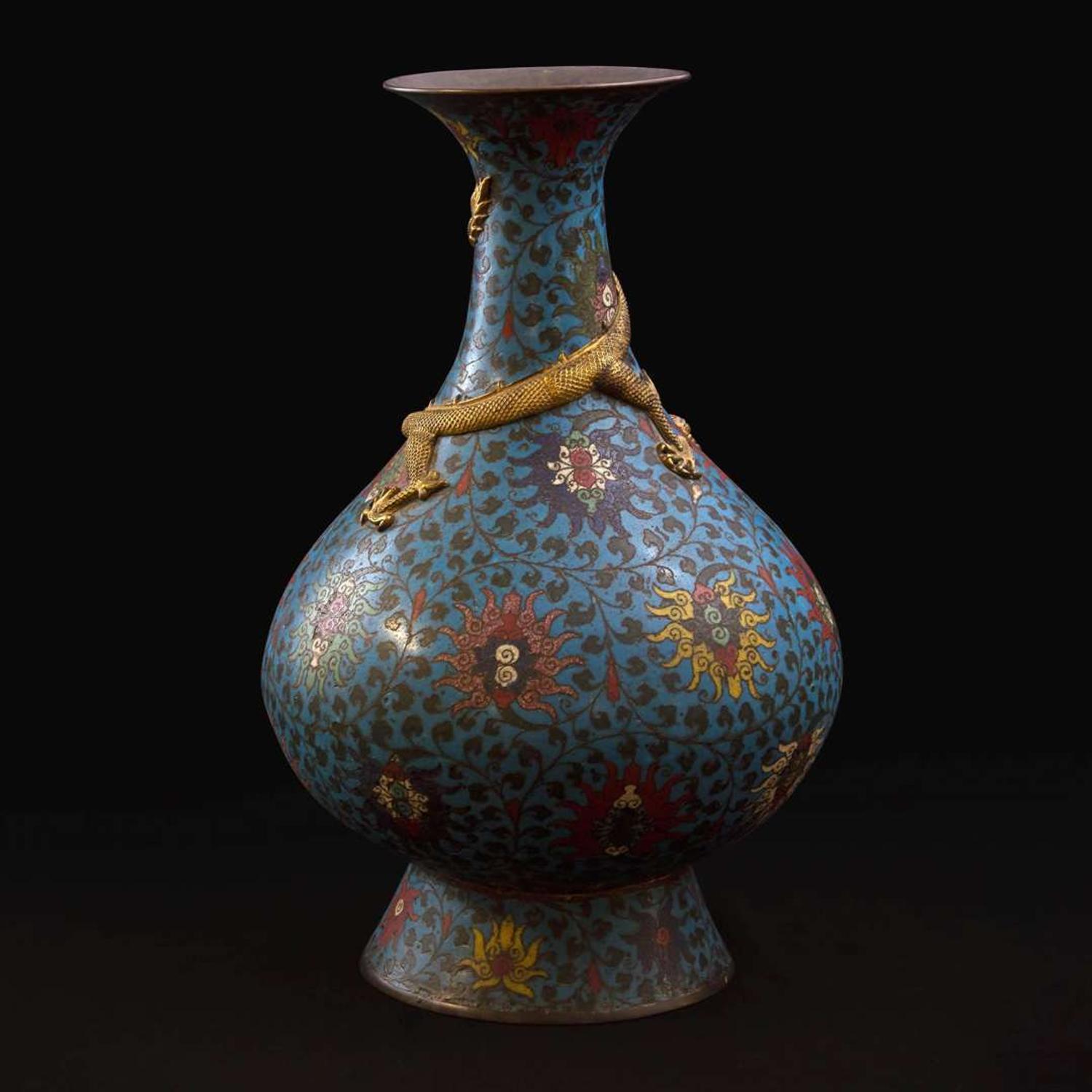 A large and impressive Chinese gilt-repoussé-embellished cloisonné vase 铜鎏金掐丝珐琅蟠龙瓶 The vase 17th/early 18th century, with later embellishment ???????????? ???