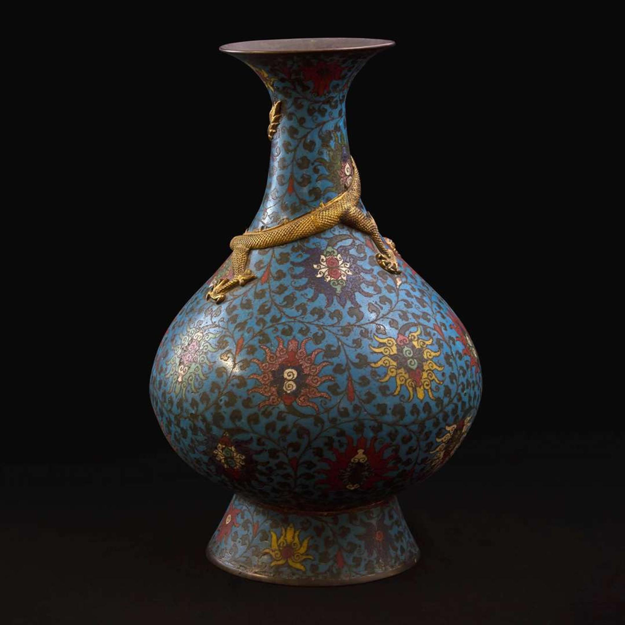 A large and impressive Chinese gilt-repoussé-embellished cloisonné vase 铜鎏金掐丝珐琅蟠龙瓶 The vase 17th/early 18th century, with later embellishment ???????????? ???