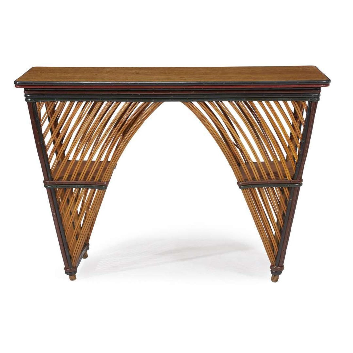A polychrome painted rattan and oak library table american, circa 1920