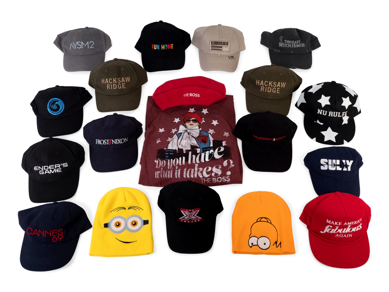 (Film Clothes) A group of unsigned baseball caps and hats from movies and TV shows, comprising:
