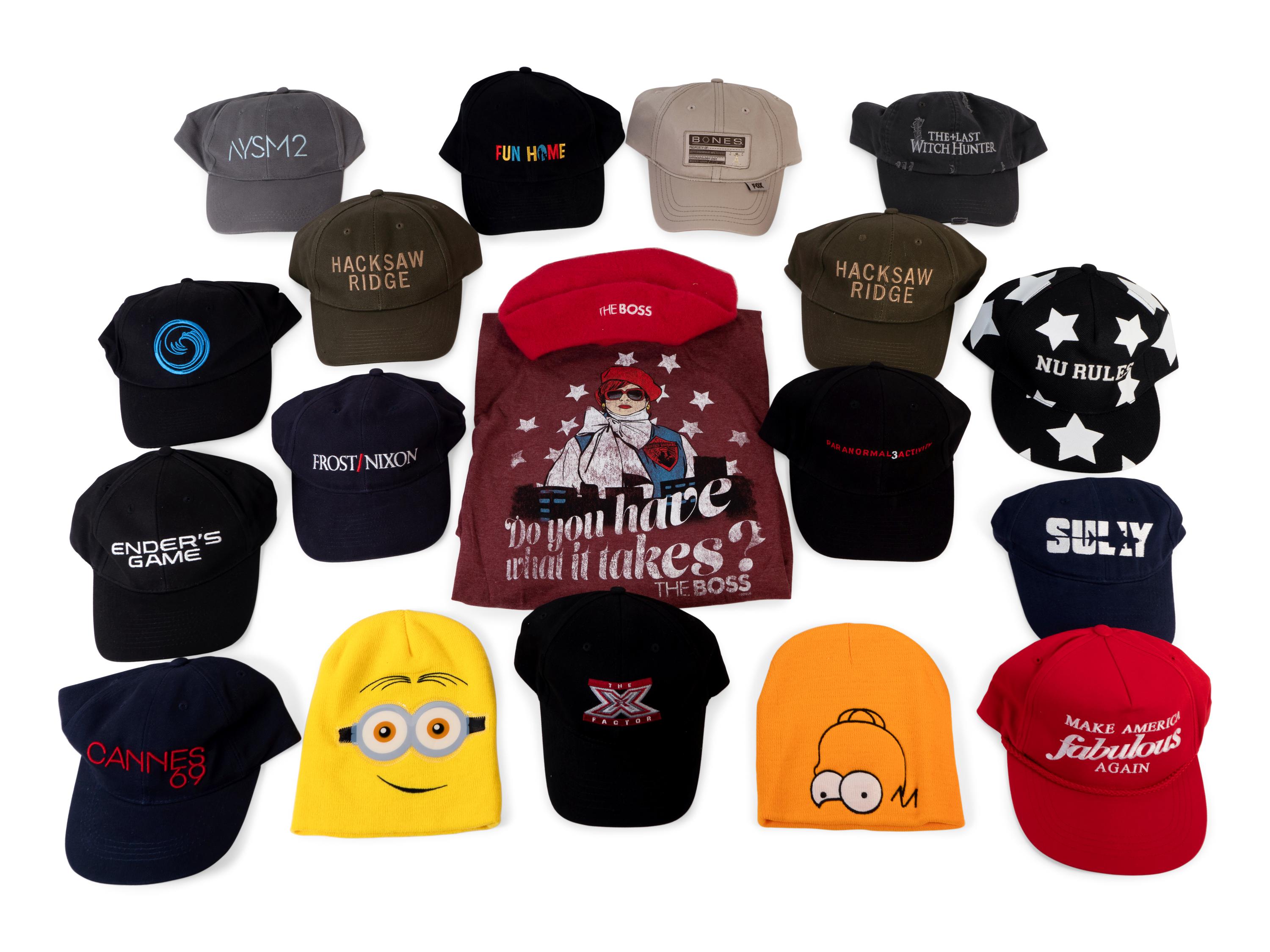(Film Clothes) A group of unsigned baseball caps and hats from movies and TV shows, comprising: