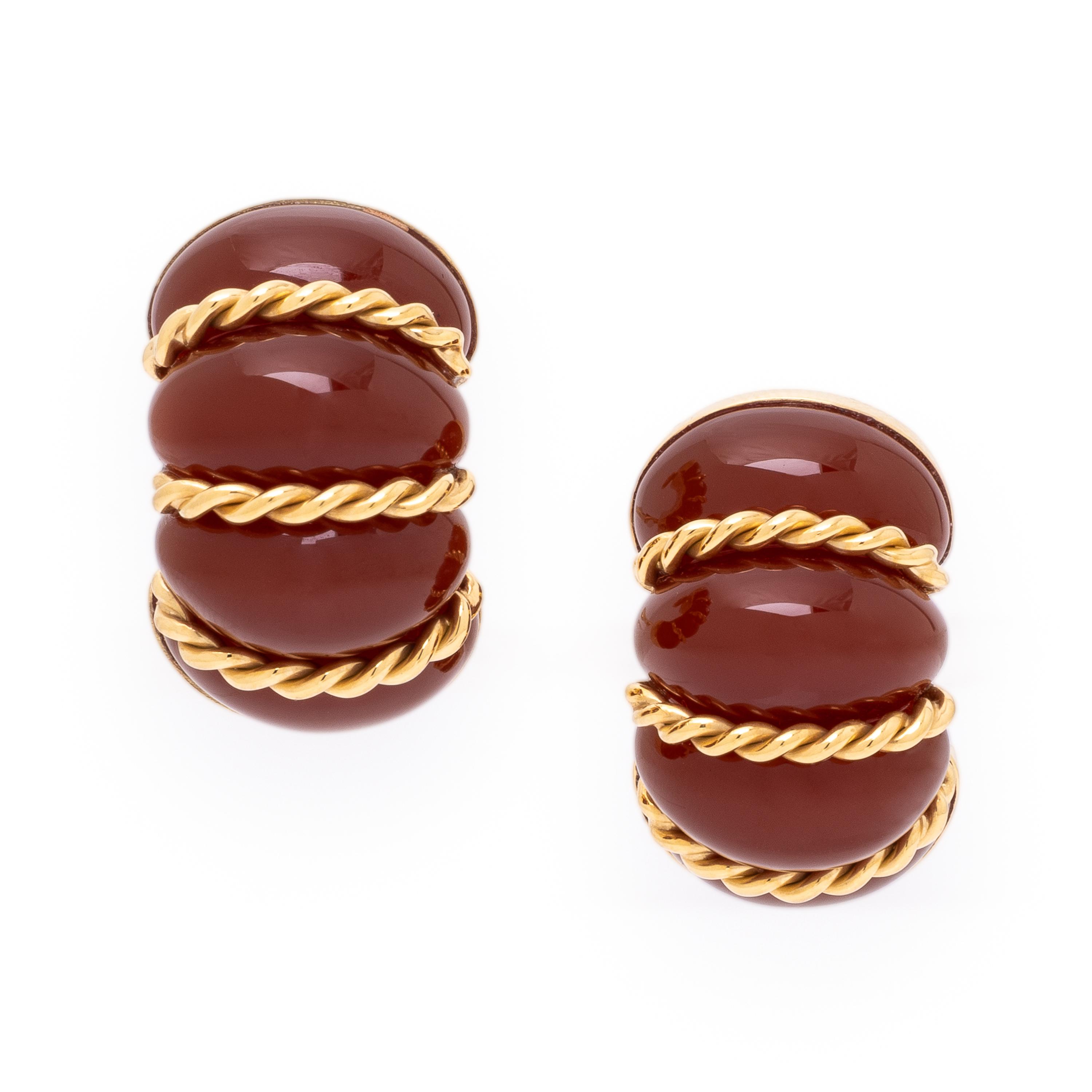 Seaman Schepps, Carnelian and Yellow Gold 'Shrimp' Earrings