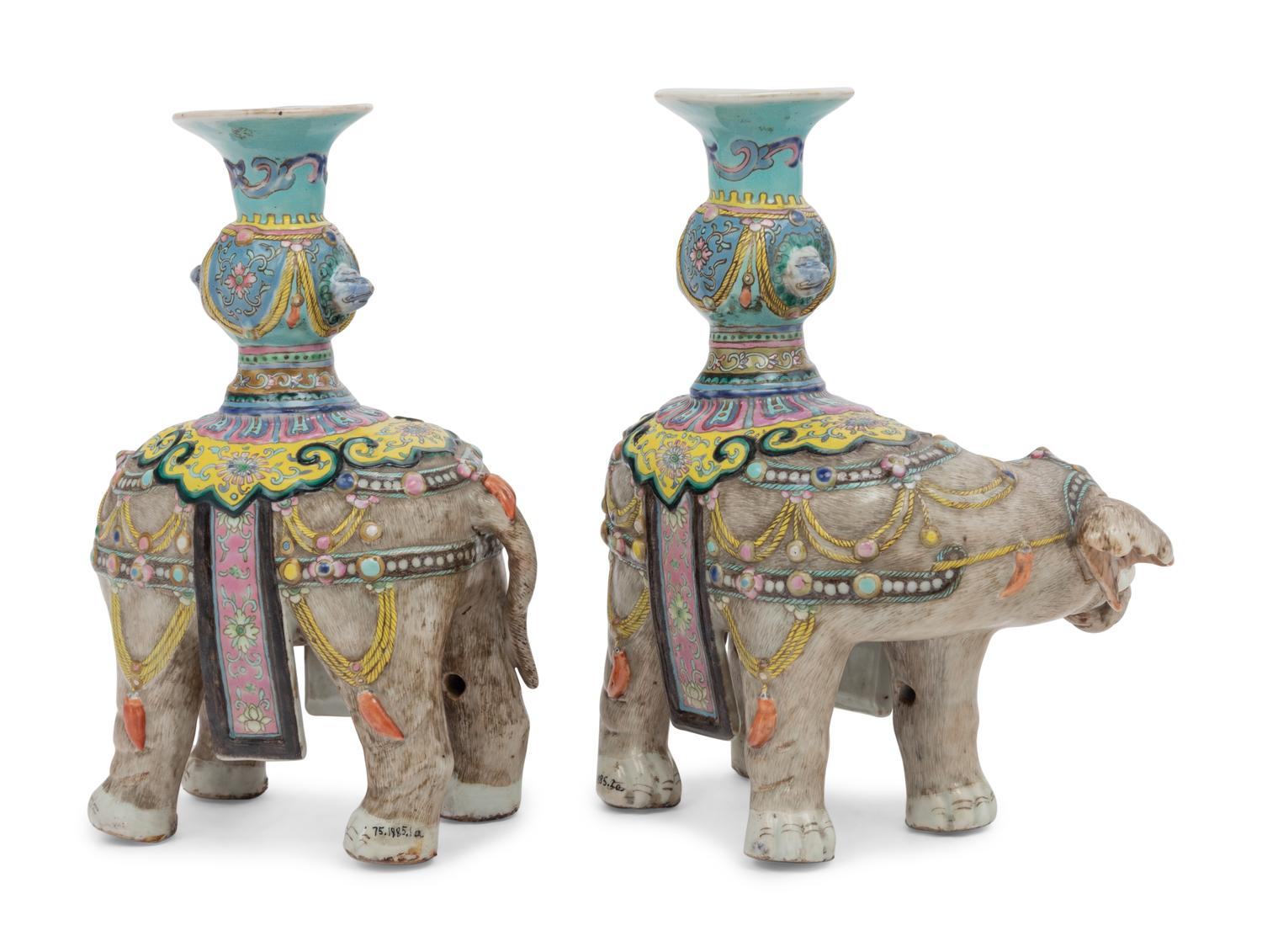 A Pair of Chinese Famille Rose Porcelain Elephant-Form Candlesticks