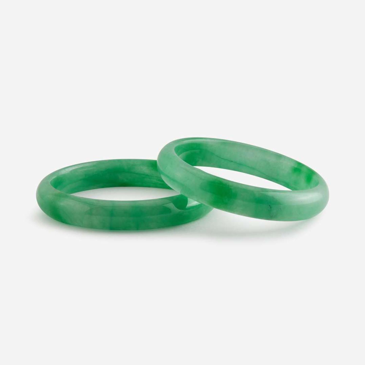 Two jadeite bangles with straight interiors 翡翠平安镯一组两件