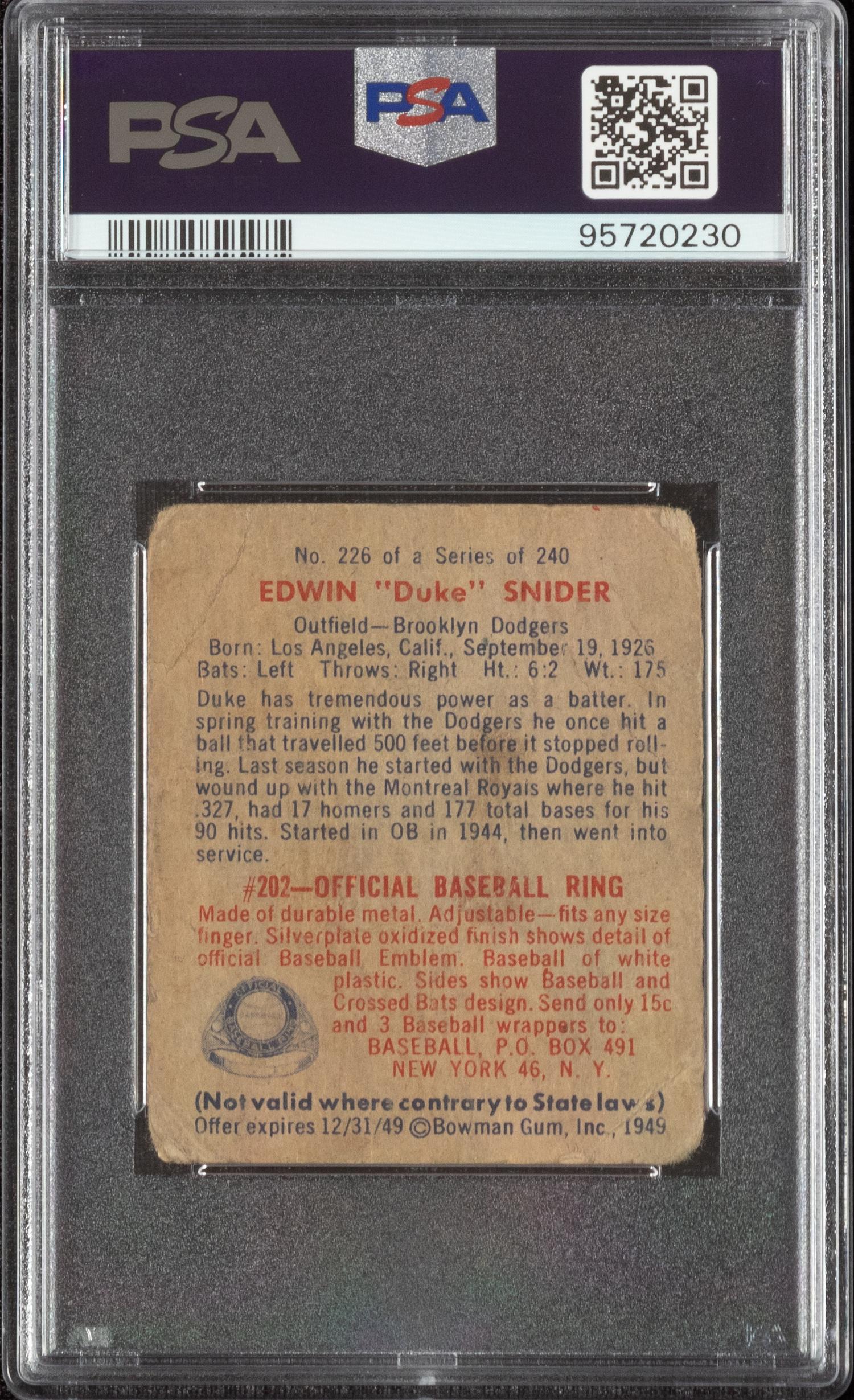 A 1949 Bowman Duke Snider Rookie Baseball Card No. 226 (PSA 1)