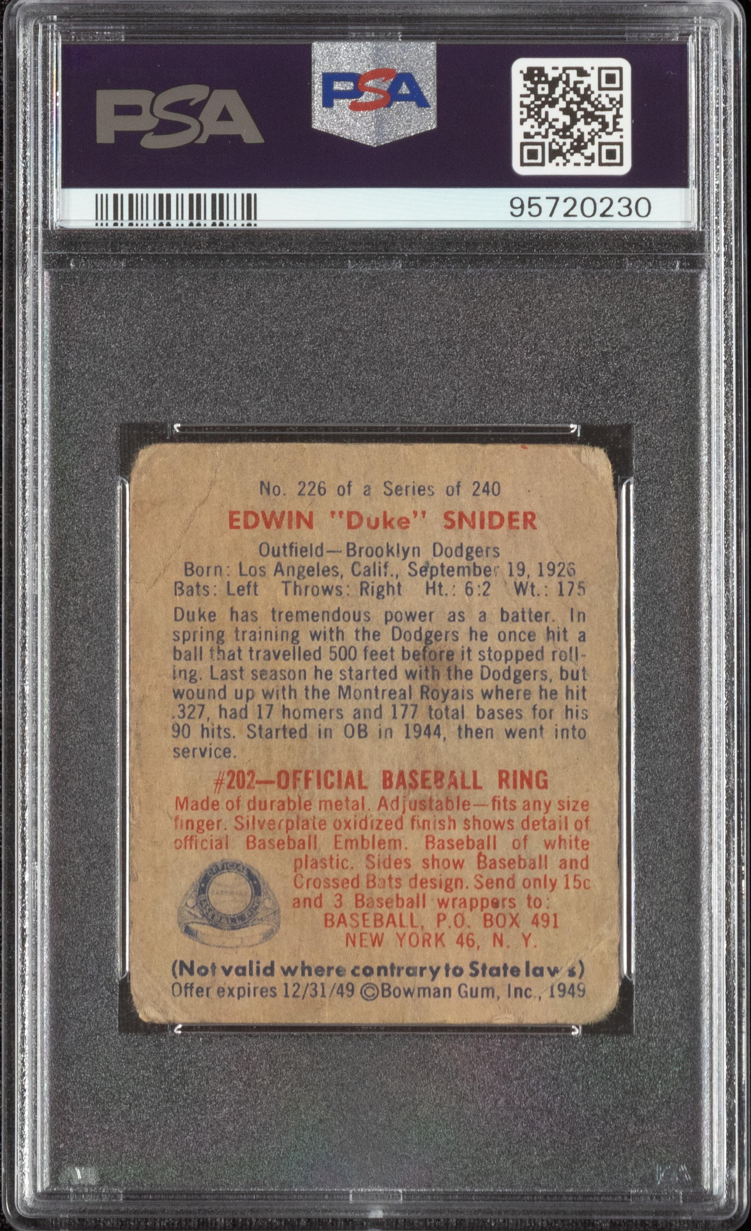 A 1949 Bowman Duke Snider Rookie Baseball Card No. 226 (PSA 1)