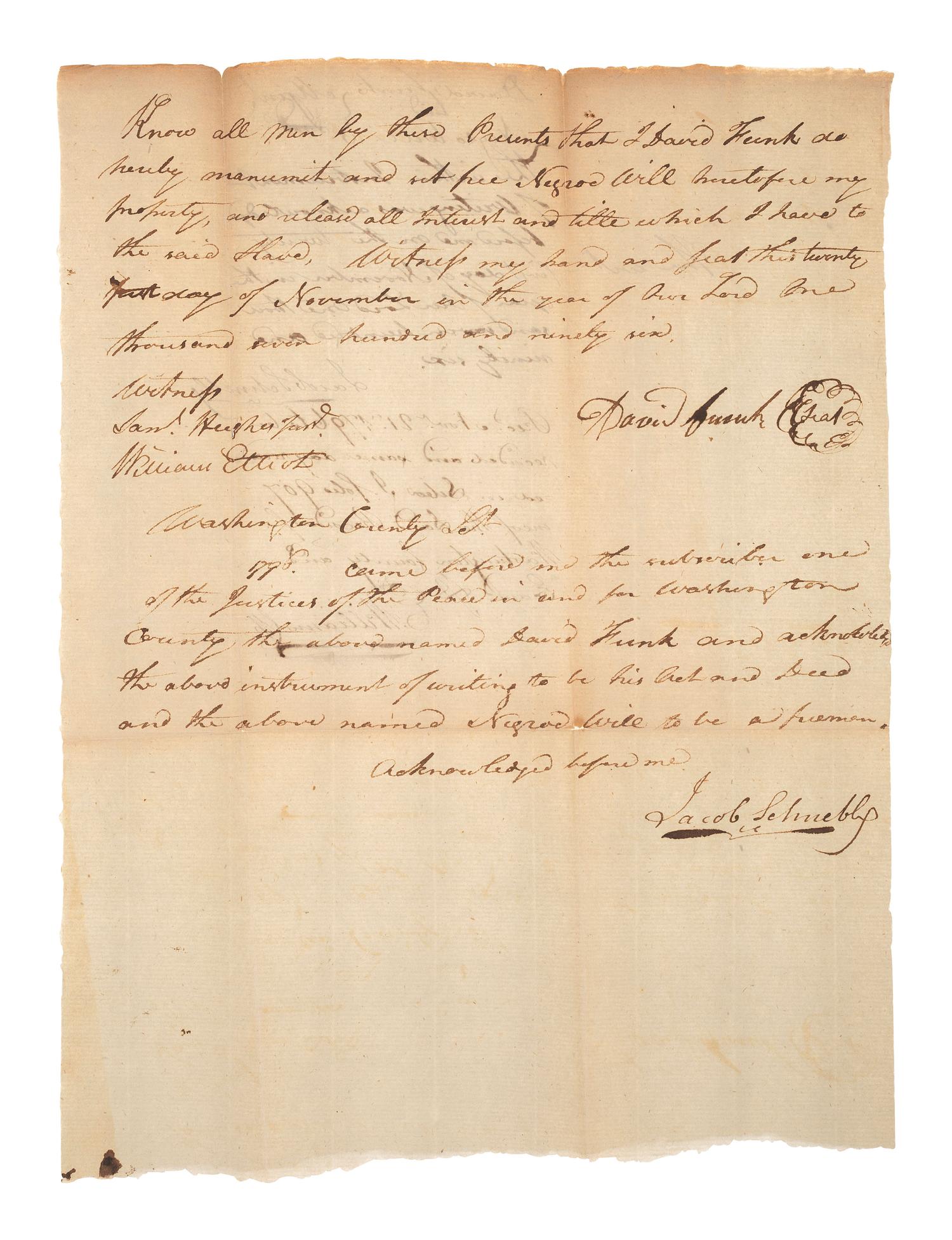 [ENSLAVEMENT & ABOLITION]. Manuscript deed of manumission for an enslaved individual named Will. Washington County, [MD], 21 November 1796.