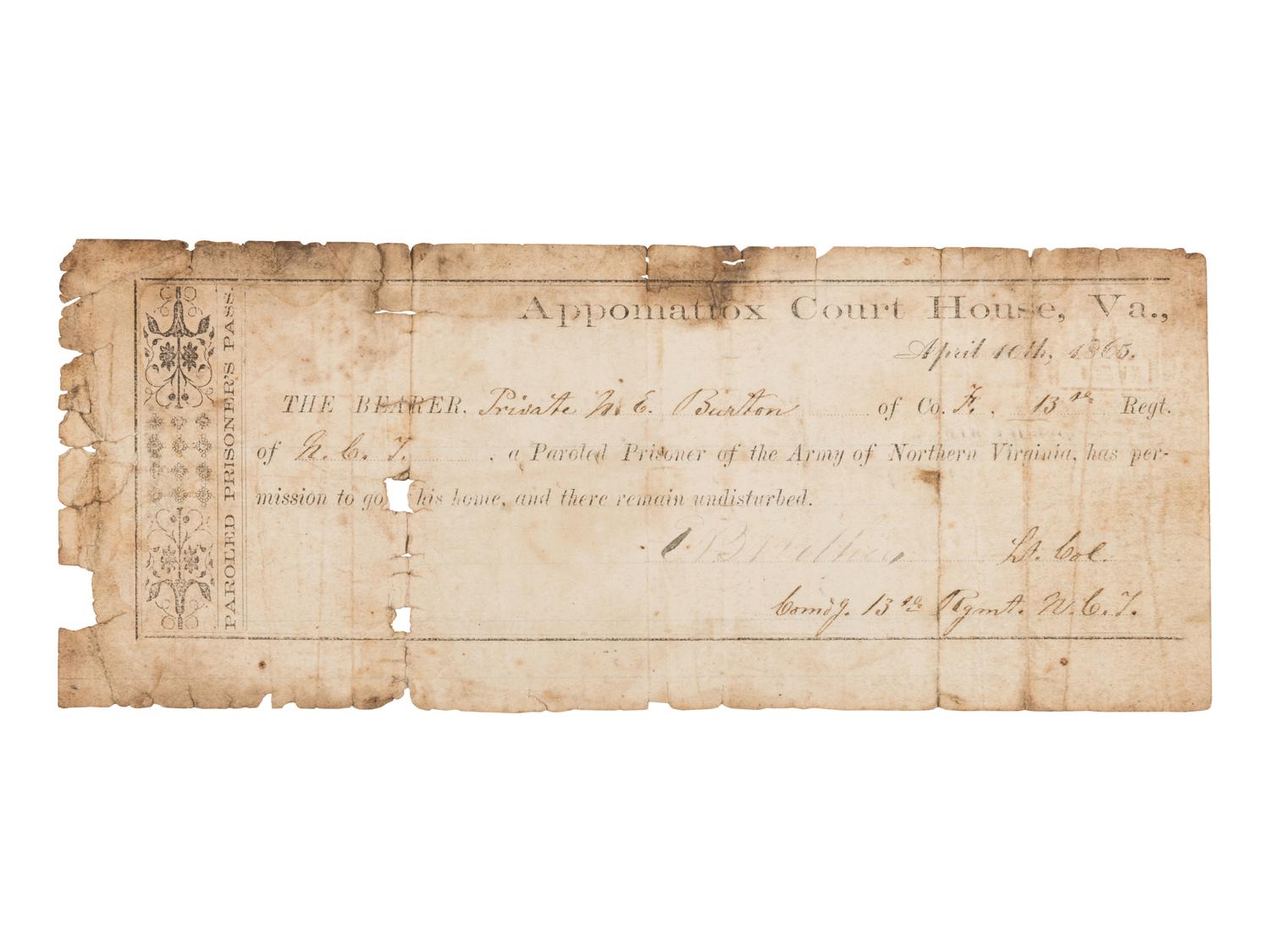 [CONFEDERATE ARMY]. Appomattox Parole for Private N[oel] E. Burton, Company F, 13th Regiment, North Carolina Infantry.