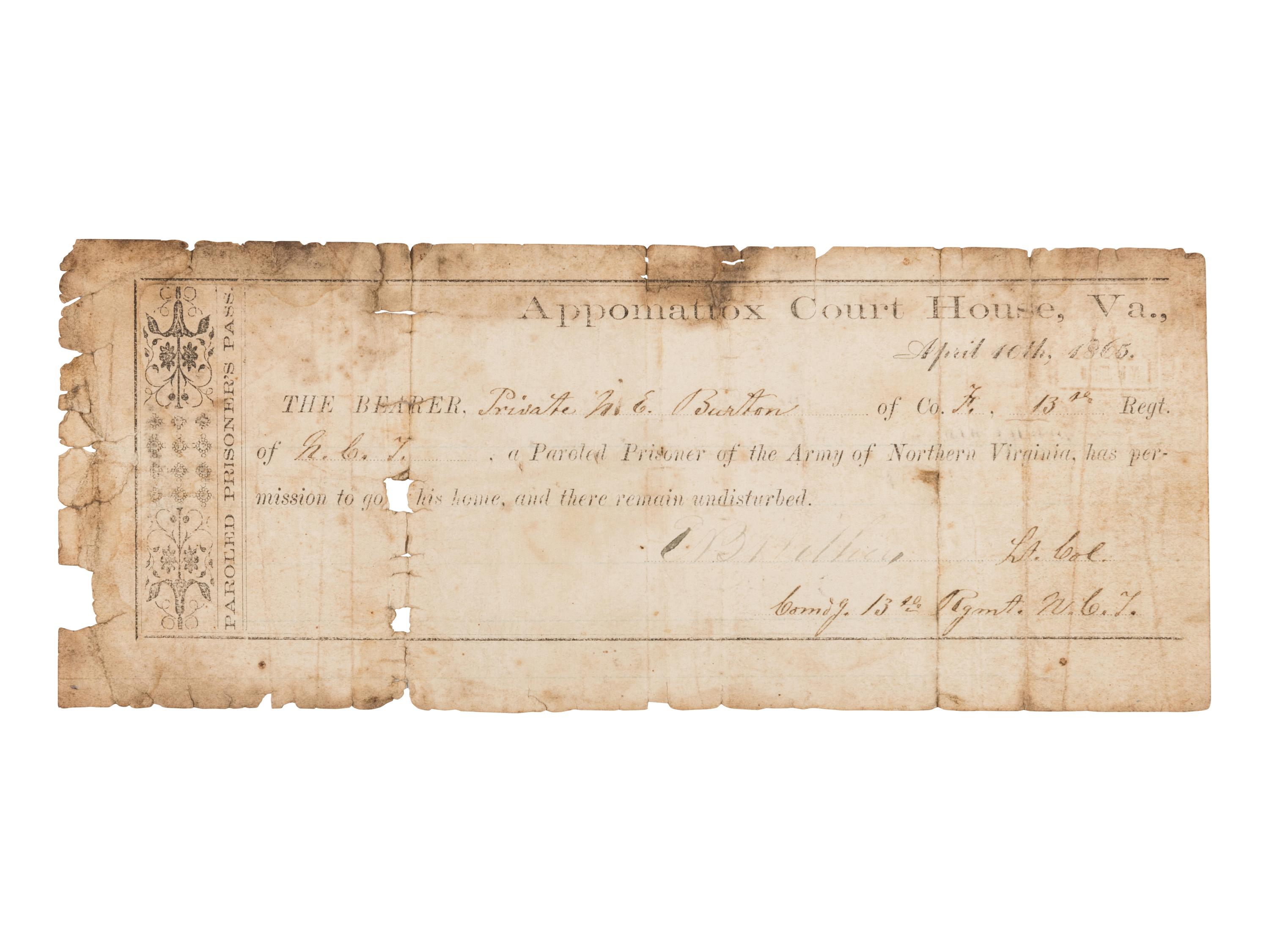 [CONFEDERATE ARMY]. Appomattox Parole for Private N[oel] E. Burton, Company F, 13th Regiment, North Carolina Infantry.