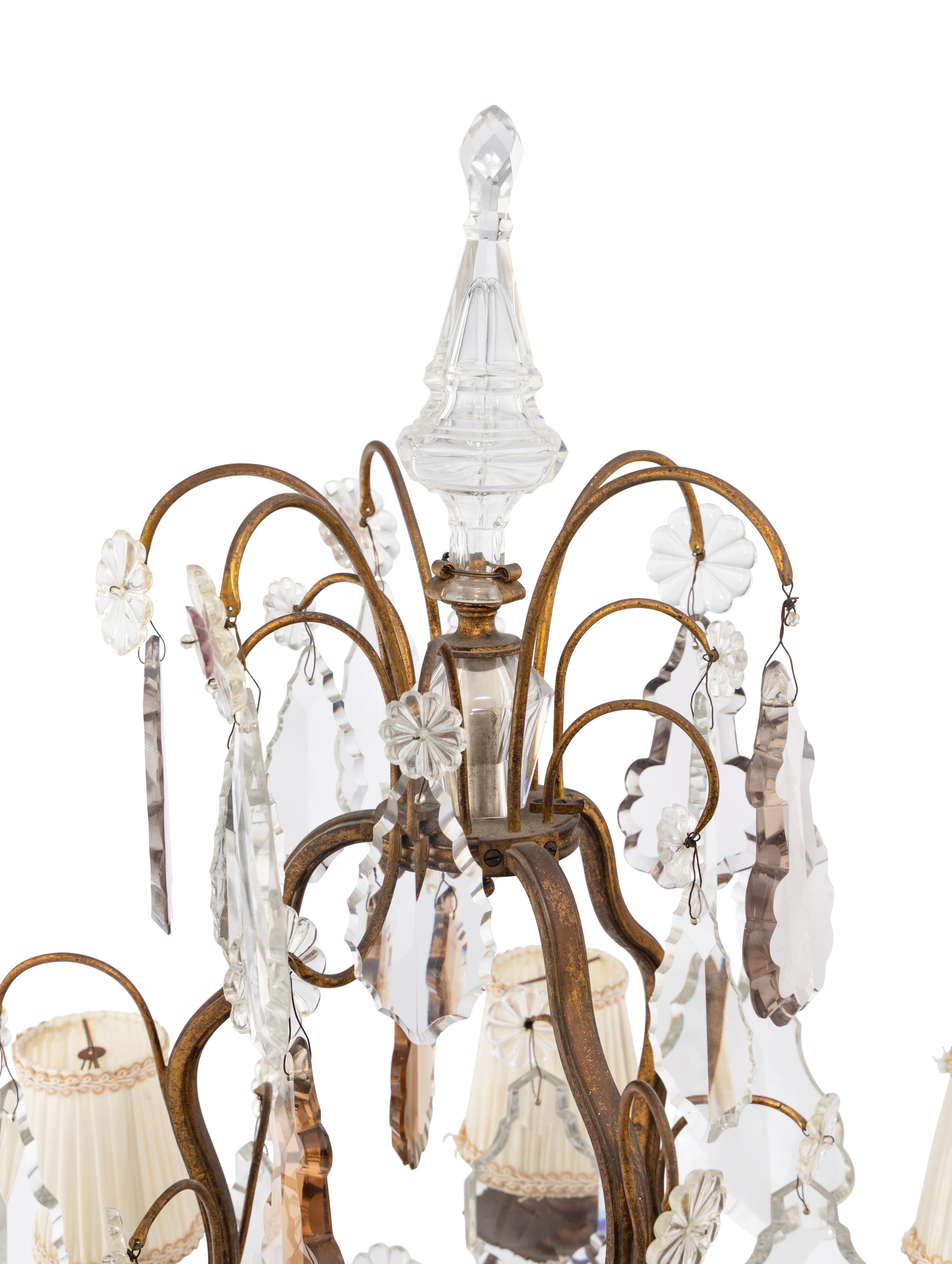 A Pair of French Gilt Metal and Cut Glass Six-Light Girandole Lamps