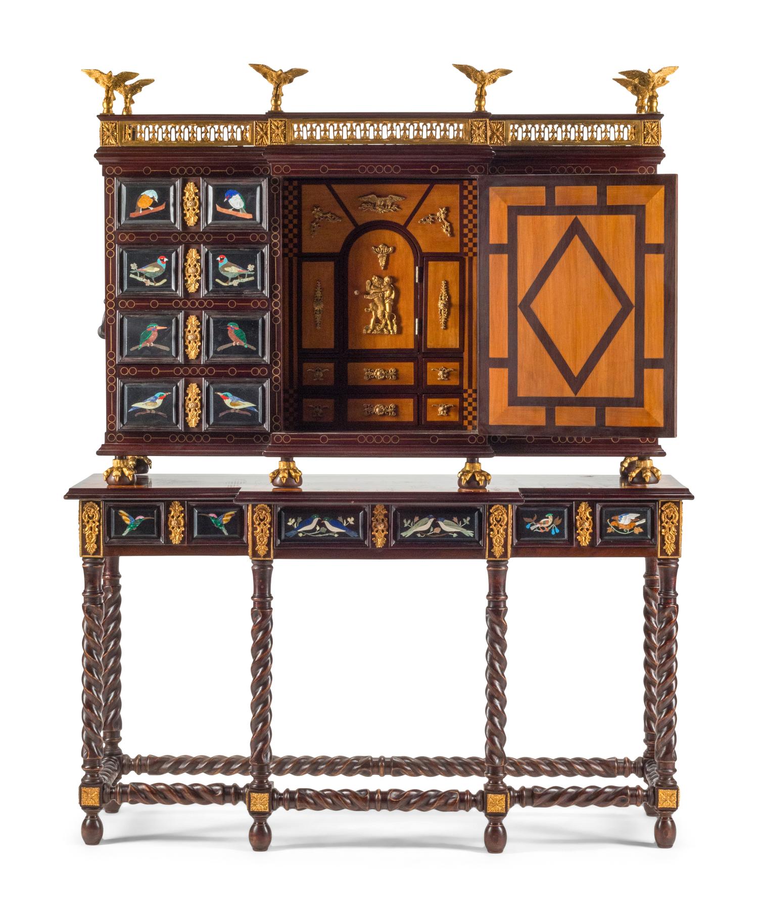 An Italian Gilt Bronze Mounted and Pietra Dura Inset Walnut Collector's Cabinet on Stand