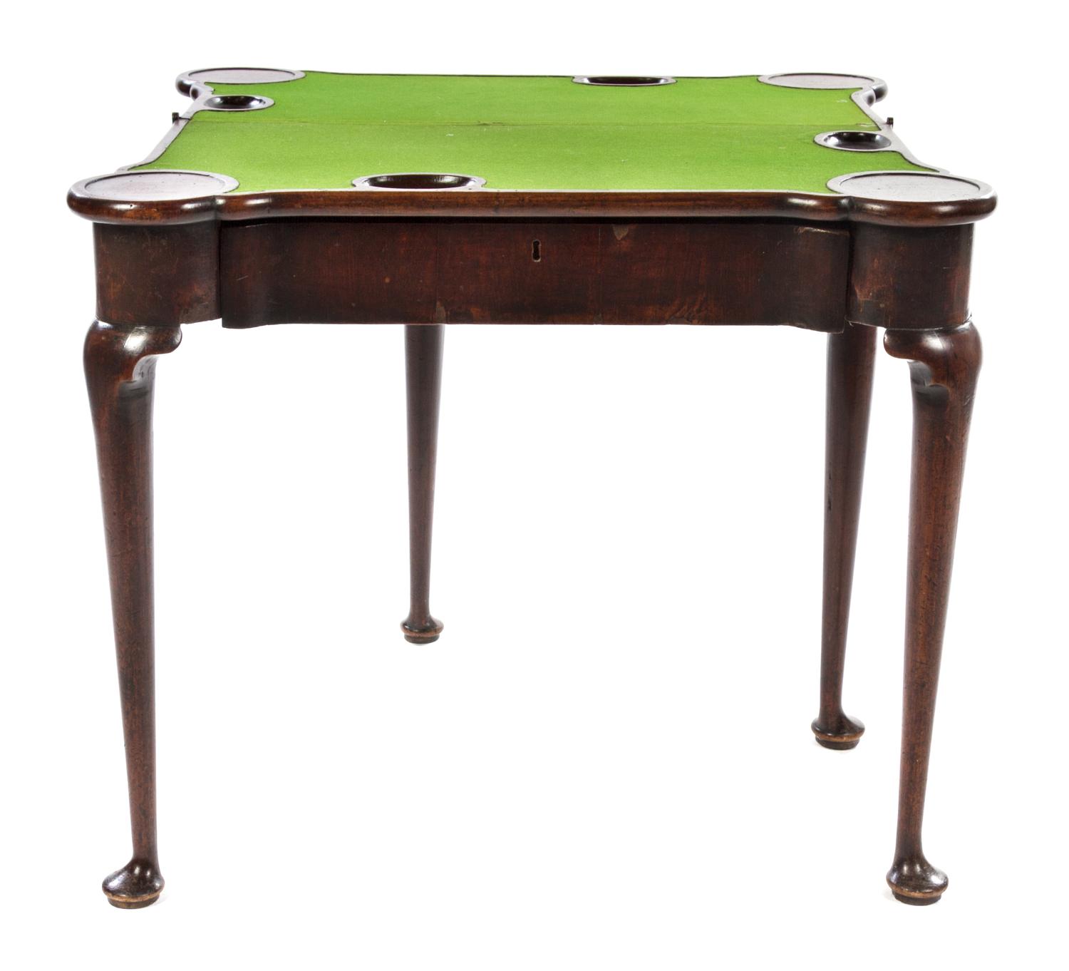 A George III Mahogany Flip-Top Card Table Height 27 3/4 x width 33 1/2 x depth when closed 16 1/2 inches. — LATE 18TH CENTURY