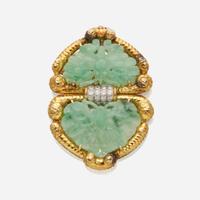 An eighteen karat gold, jade, and diamond pendant/brooch, Keil