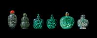 Six Chinese Green Hardstone and Glass Snuff Bottles