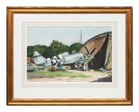 Repairs on Silver P47at End of Blister Hangar