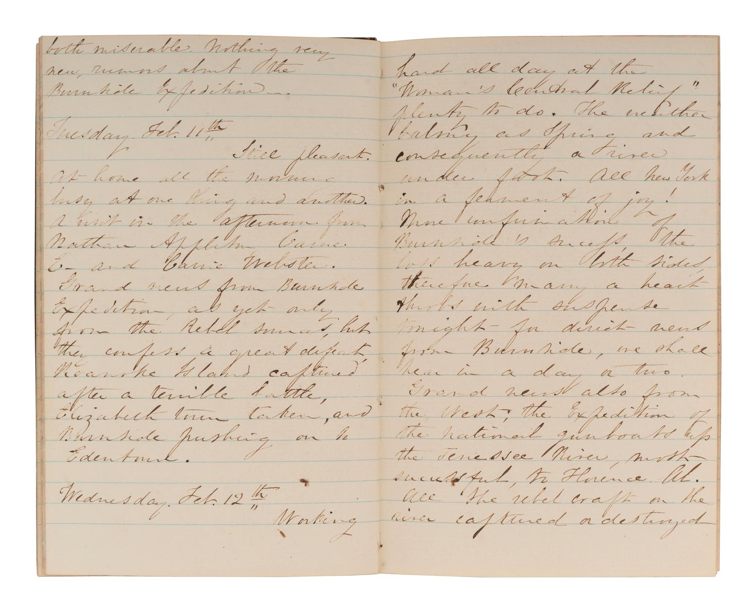 [CIVIL WAR]. BLATCHFORD, Caroline A. (1817-1901). A group of 4 Civil War-era diaries written by Caroline Appleton Blatchford, including discussion of prominent New York families, the ongoing war, and work with the Women's Central Relief Association.