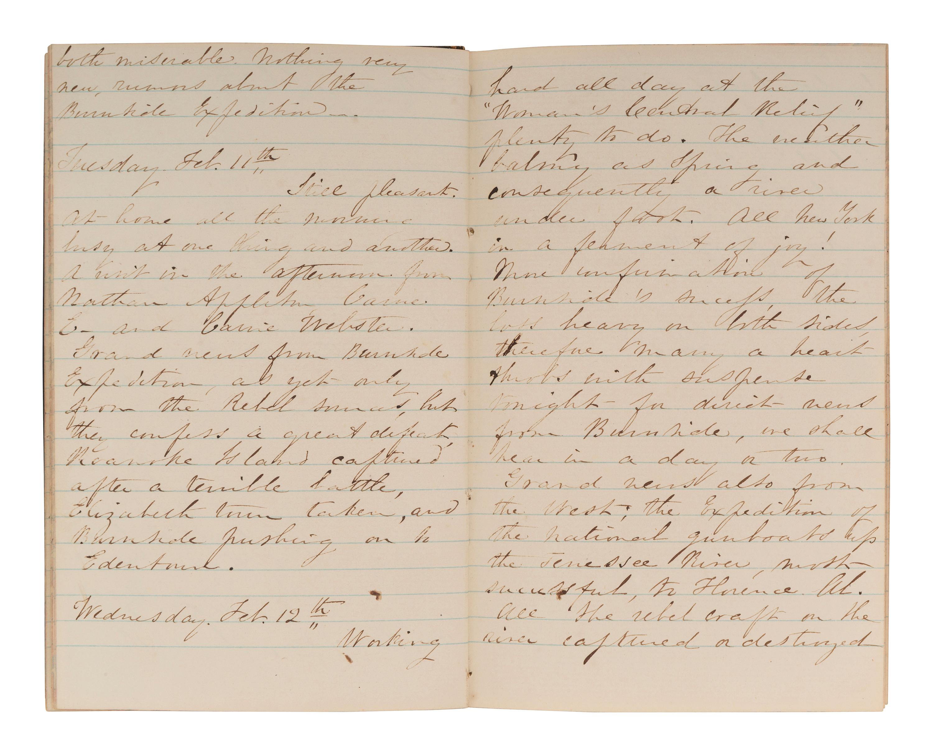 [CIVIL WAR]. BLATCHFORD, Caroline A. (1817-1901). A group of 4 Civil War-era diaries written by Caroline Appleton Blatchford, including discussion of prominent New York families, the ongoing war, and work with the Women's Central Relief Association.