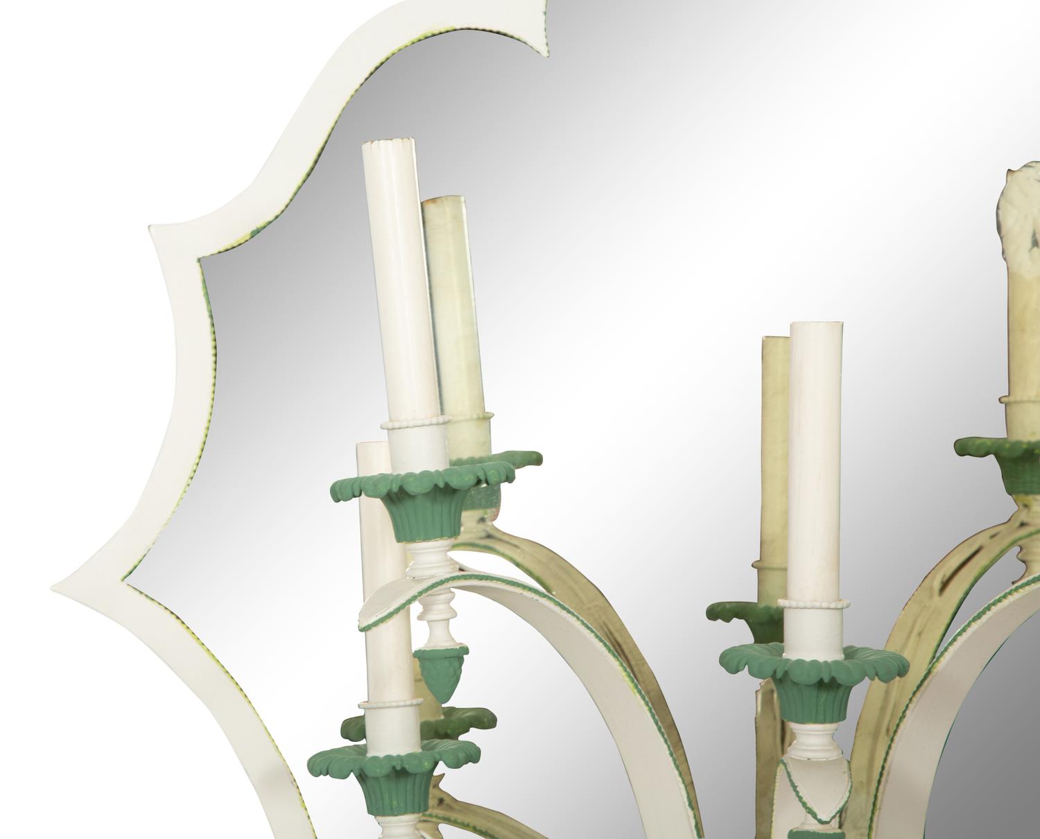 A Set of Four Green and White Painted Five-Light Girandole Mirrors