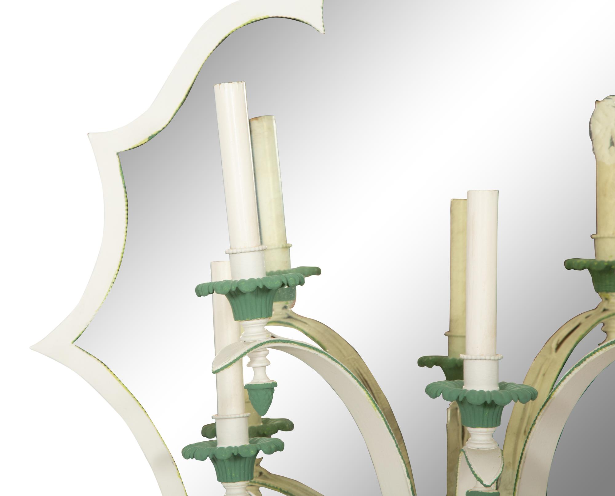 A Set of Four Green and White Painted Five-Light Girandole Mirrors