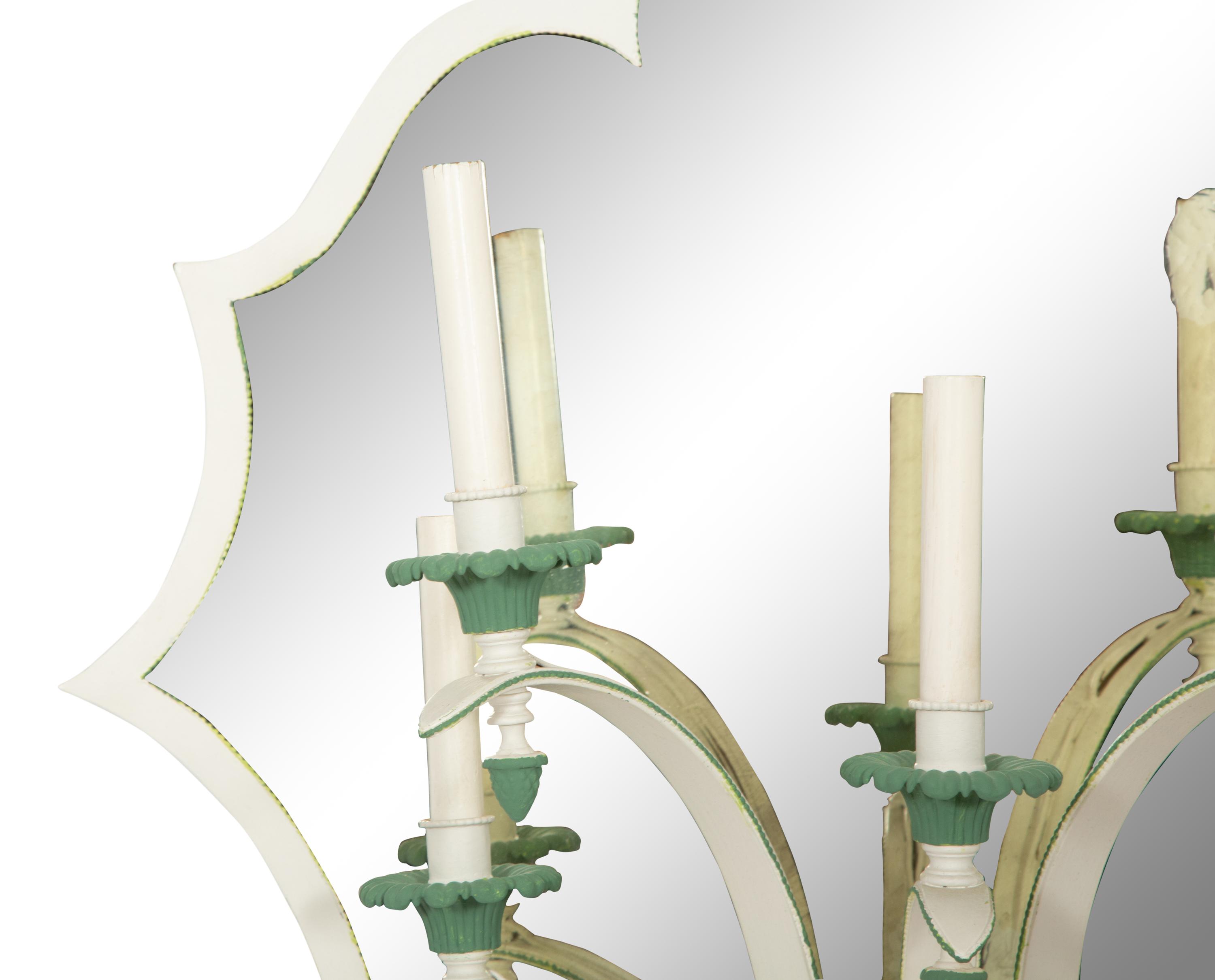 A Set of Four Green and White Painted Five-Light Girandole Mirrors