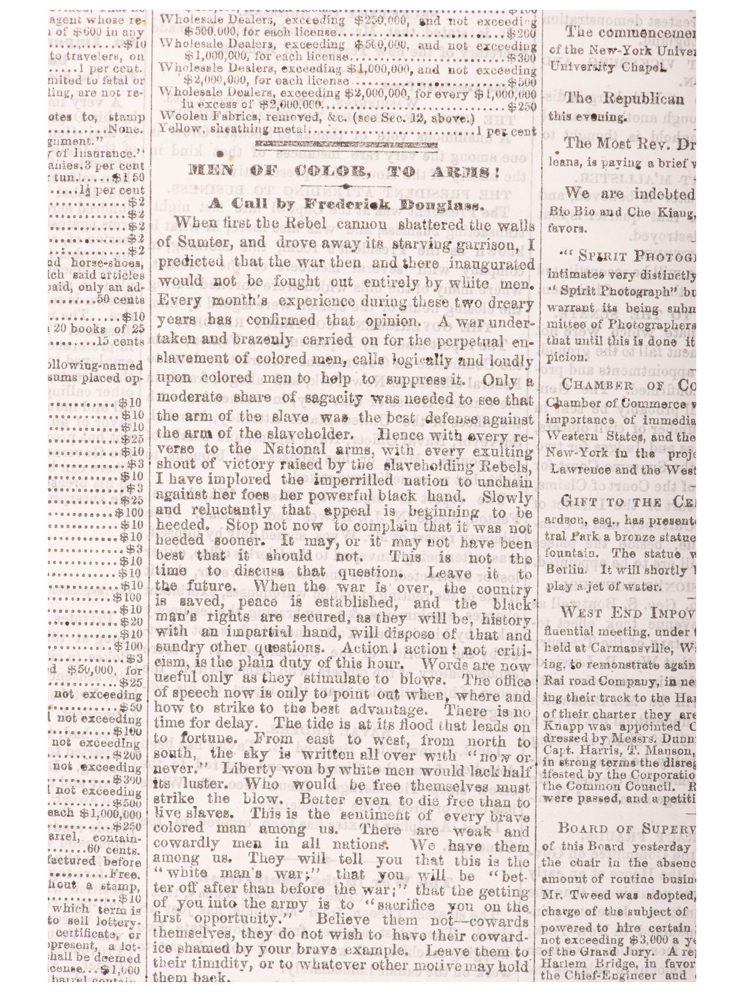 [CIVIL WAR]. New York Daily Tribune . Vol. XXII, No. 6838. New York, 5 March 1862. Featuring Frederick Douglass's call to arms to African Americans to join the military and fight for the Union cause.