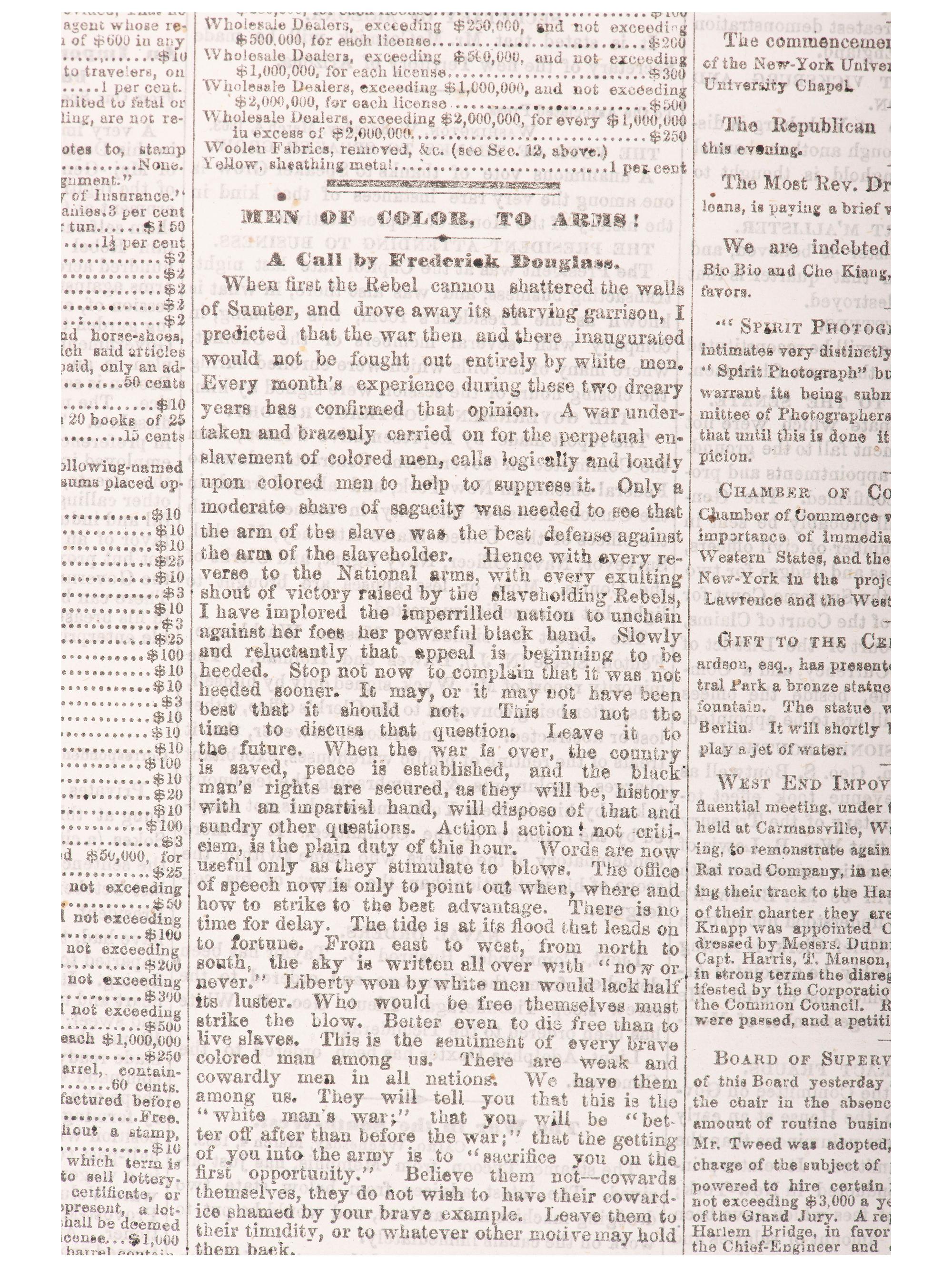 [CIVIL WAR]. New York Daily Tribune . Vol. XXII, No. 6838. New York, 5 March 1862. Featuring Frederick Douglass's call to arms to African Americans to join the military and fight for the Union cause.