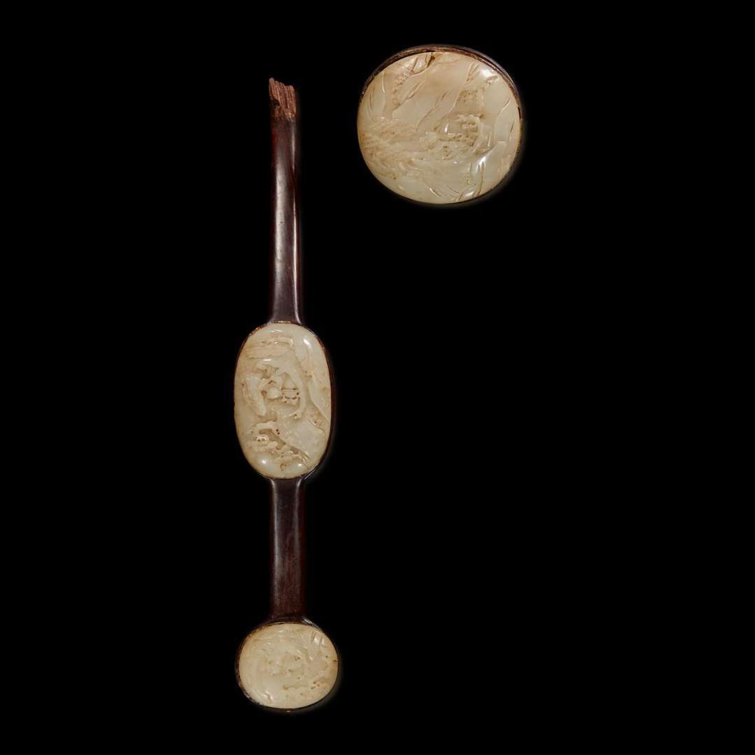 A Chinese white jade mounted hardwood ruyi scepter 嵌白玉木如意
