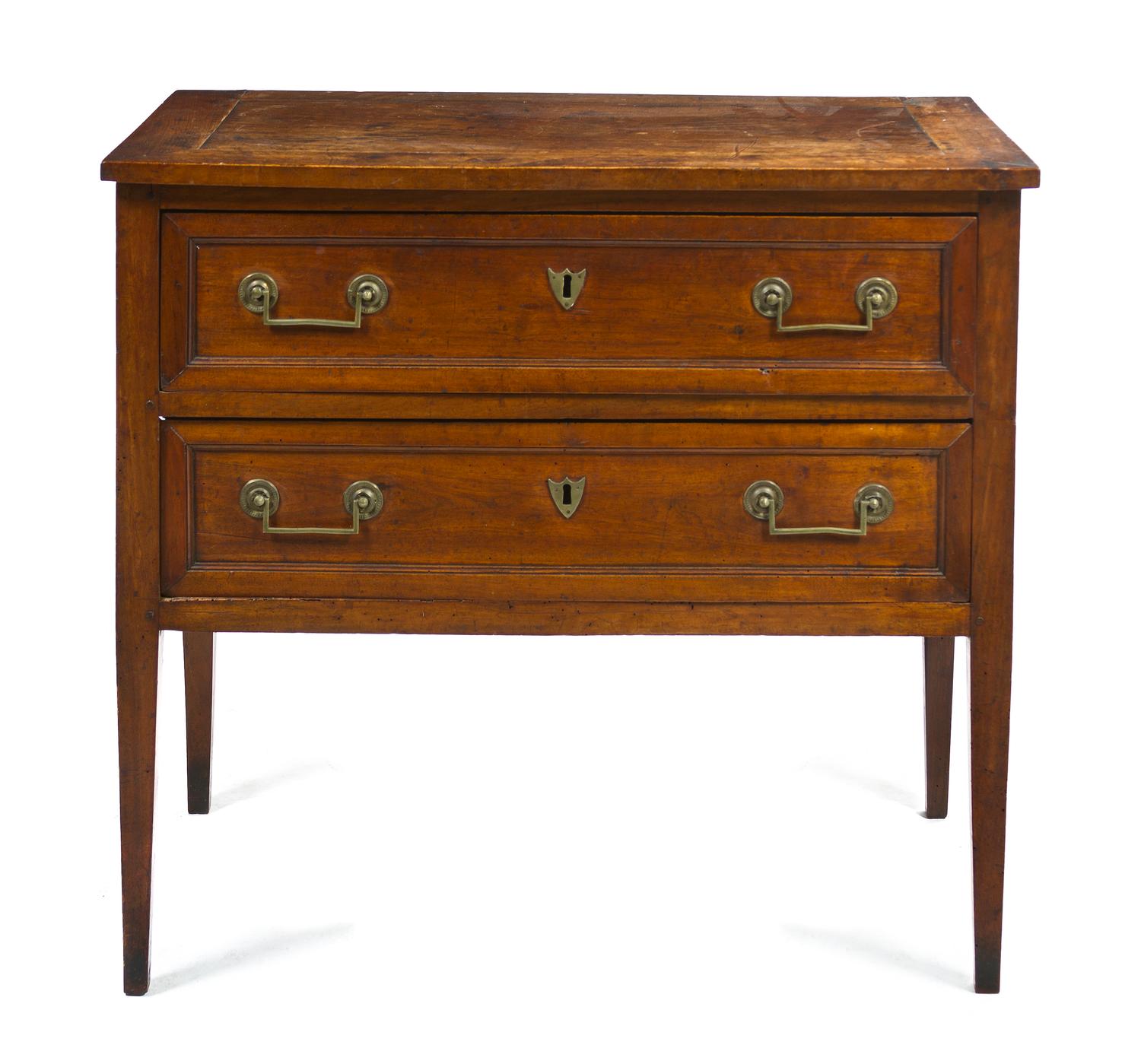 A Directoire Style Walnut Commode, Height 34 1/2 x width 38 3/4 x depth 20 inches.