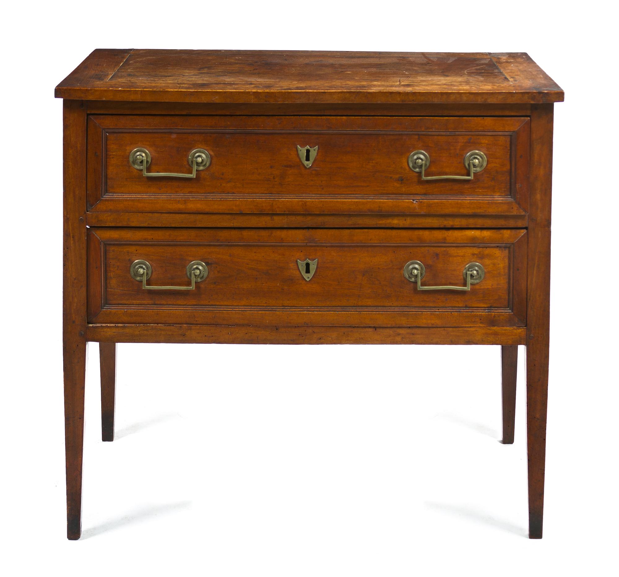 A Directoire Style Walnut Commode, Height 34 1/2 x width 38 3/4 x depth 20 inches.
