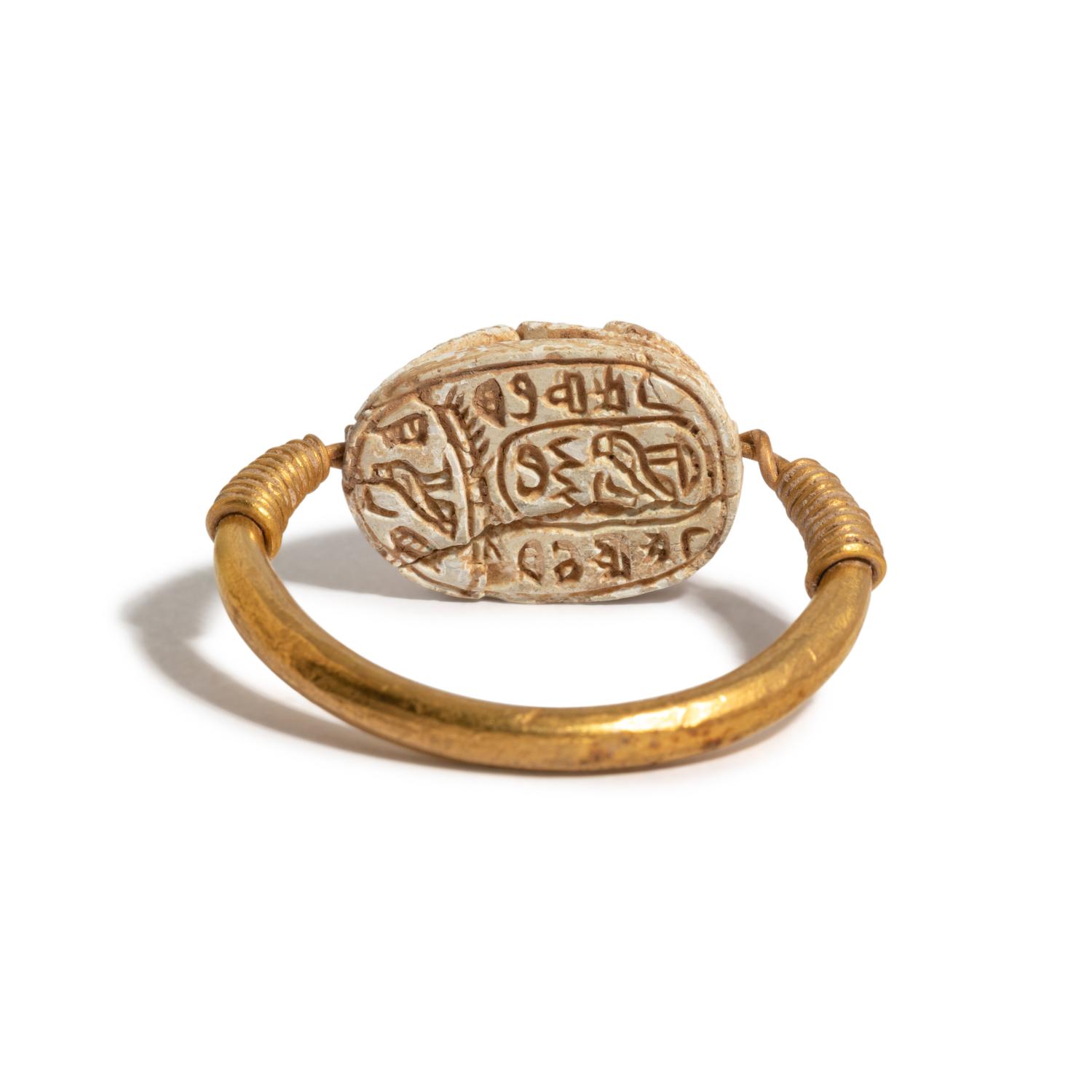 An Egyptian Gold and Steatite Scarab Swivel Ring
