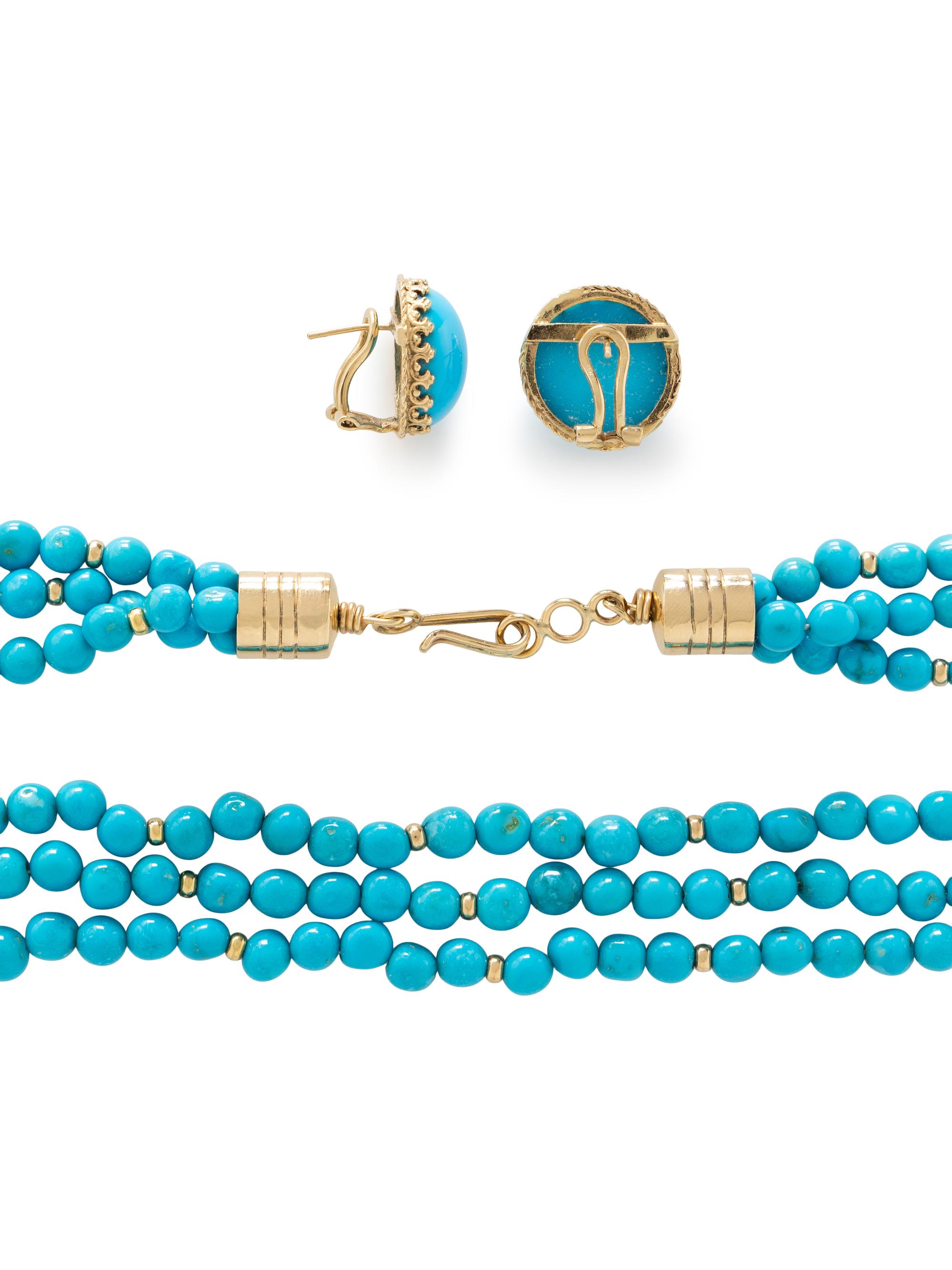 TURQUOISE AND YELLOW GOLD EARRINGS AND NECKLACE
