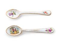 Three Meissen Painted and Parcel Gilt Porcelain Cup and Saucer Sets, a Covered Cup and Two Spoons