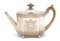 An English Regency Teapot on Tray, Henry Chawner, London, 1830 and 1835, having treen handle and finial