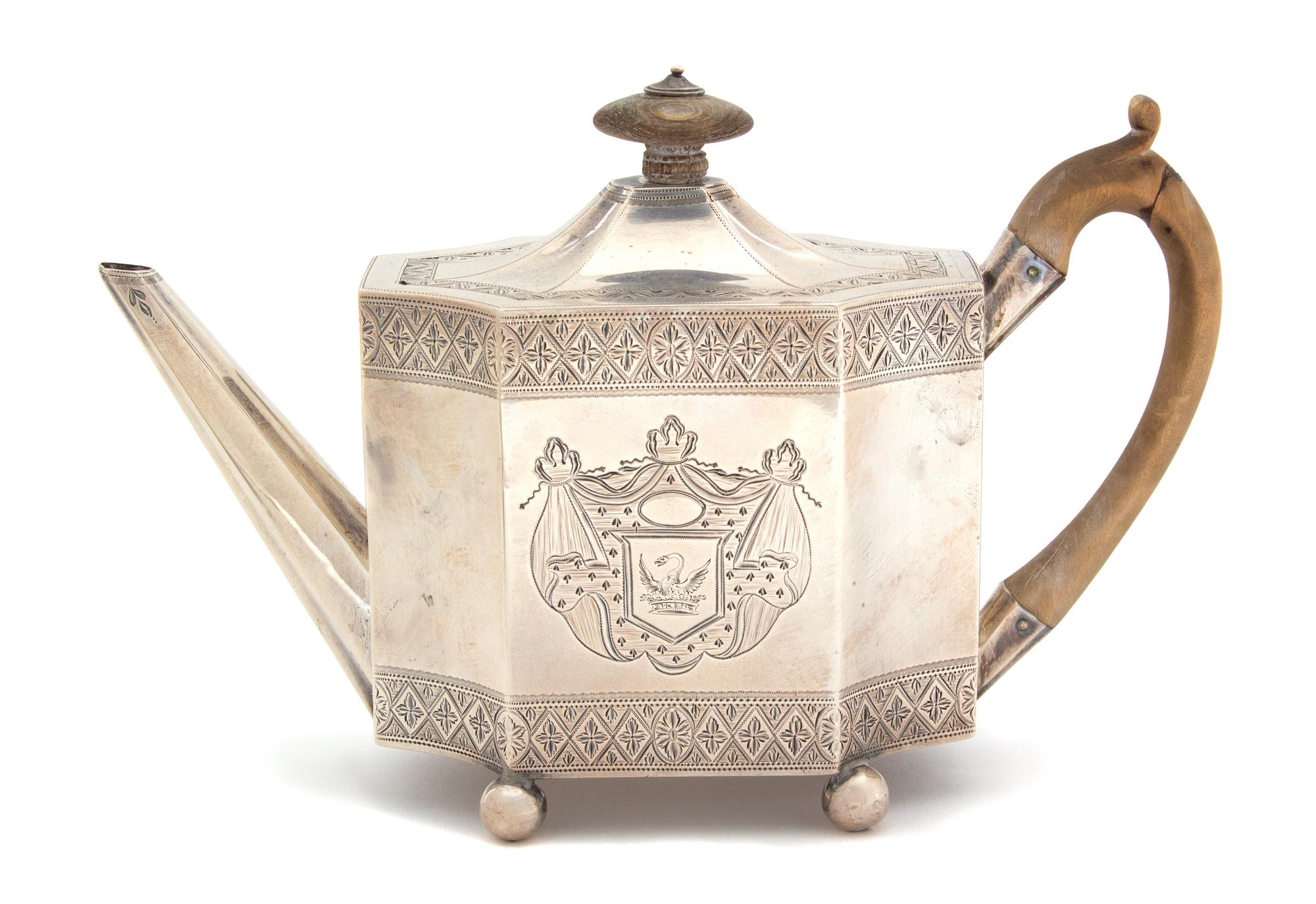 An English Regency Teapot on Tray, Henry Chawner, London, 1830 and 1835, having treen handle and finial