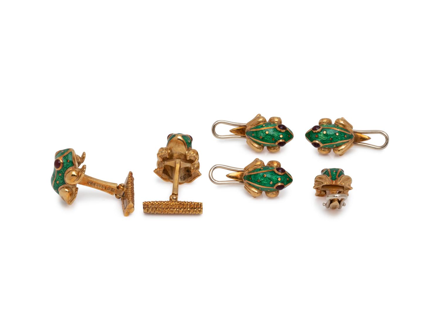DAVID WEBB, YELLOW GOLD AND ENAMEL FROG DRESS SET