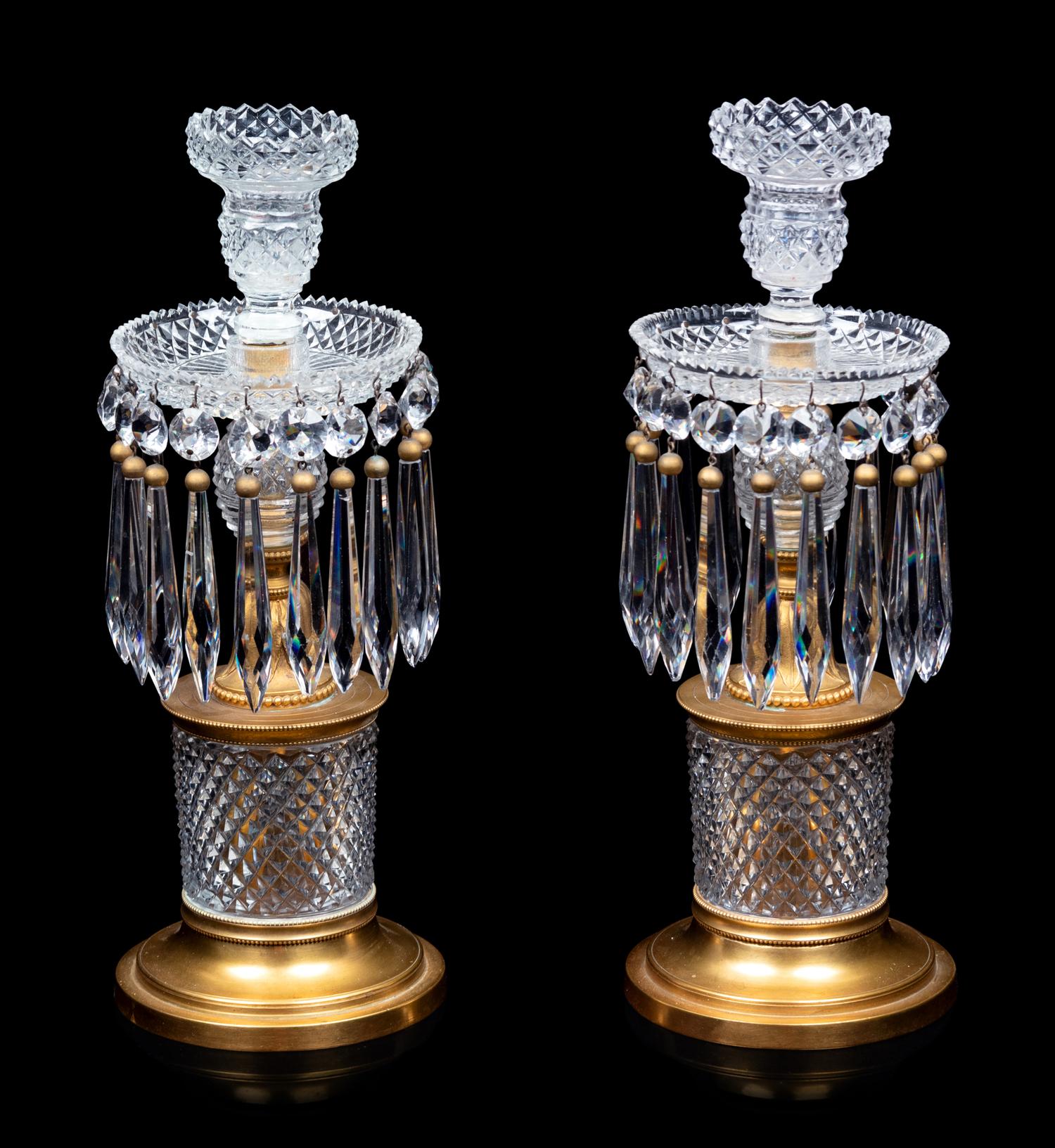 A Pair of French Gilt Bronze and Cut Glass Candlesticks