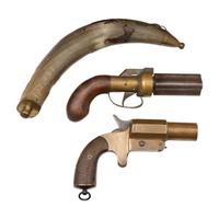 Belgian Warnant Flobert .32 Rimfire Rifle, Reproduction Pepperbox, and Brass Flare Pistol
