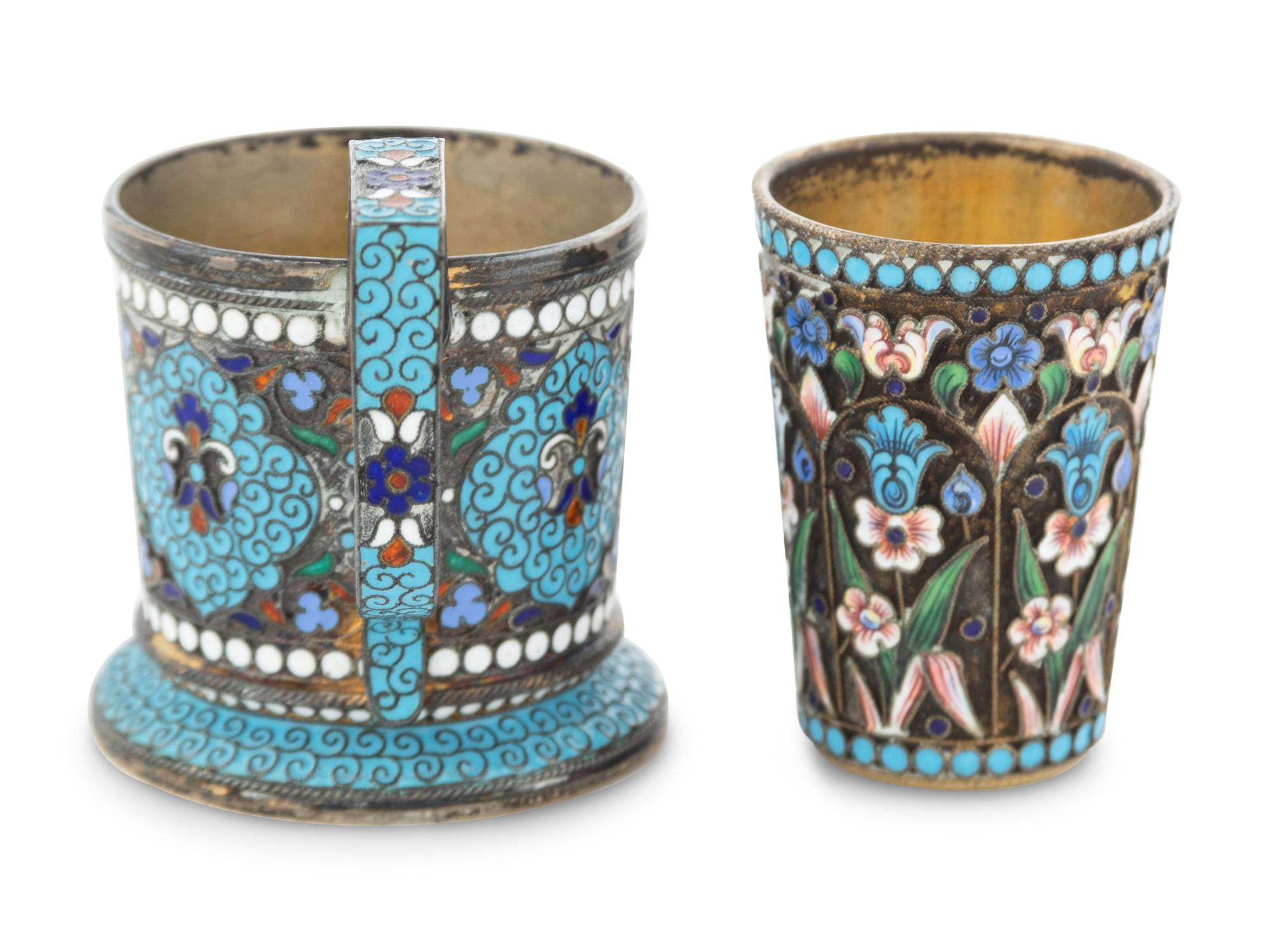 Two Russian Enameled Silver Drinking Articles