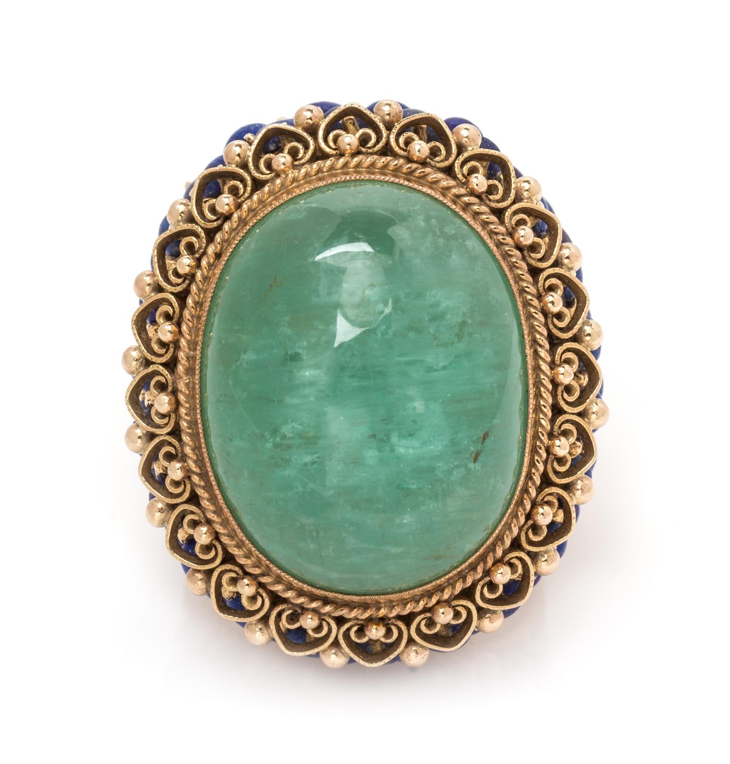 A 14 Karat Yellow Gold, Green Beryl and Lapis Lazuli Ring, 23.60 dwts.