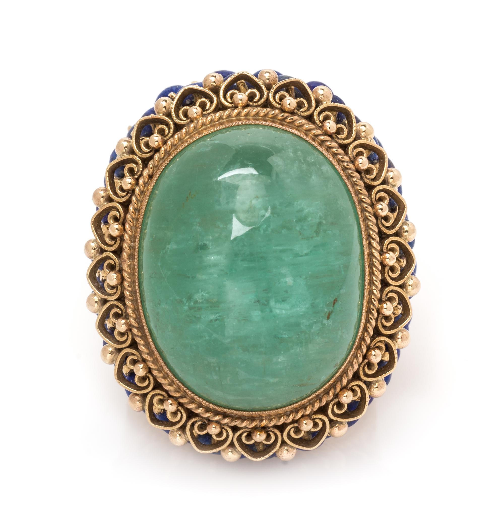 A 14 Karat Yellow Gold, Green Beryl and Lapis Lazuli Ring, 23.60 dwts.