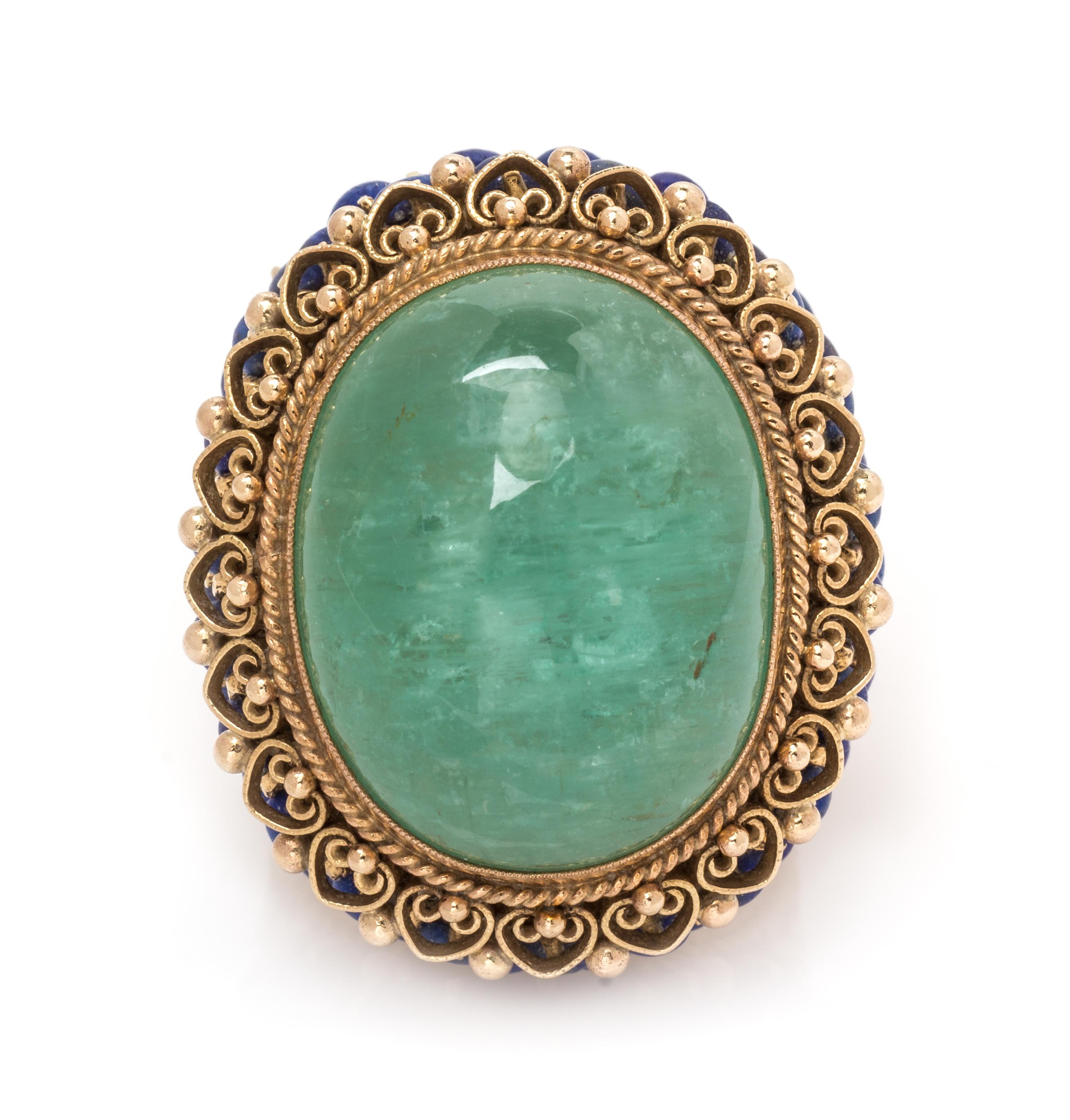 A 14 Karat Yellow Gold, Green Beryl and Lapis Lazuli Ring, 23.60 dwts.