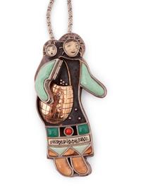 Sterling Silver and 14k Gold Mother and Child Pendant / Pin, with Inlay