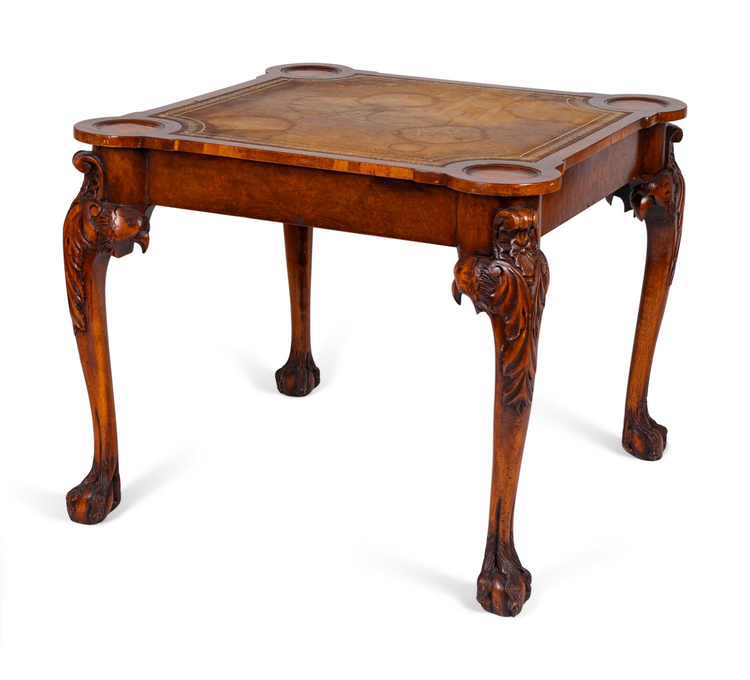 A George II Style Carved Walnut Game Table with Inset Gilt Tooled Leather Playing Surface — 19TH CENTURY