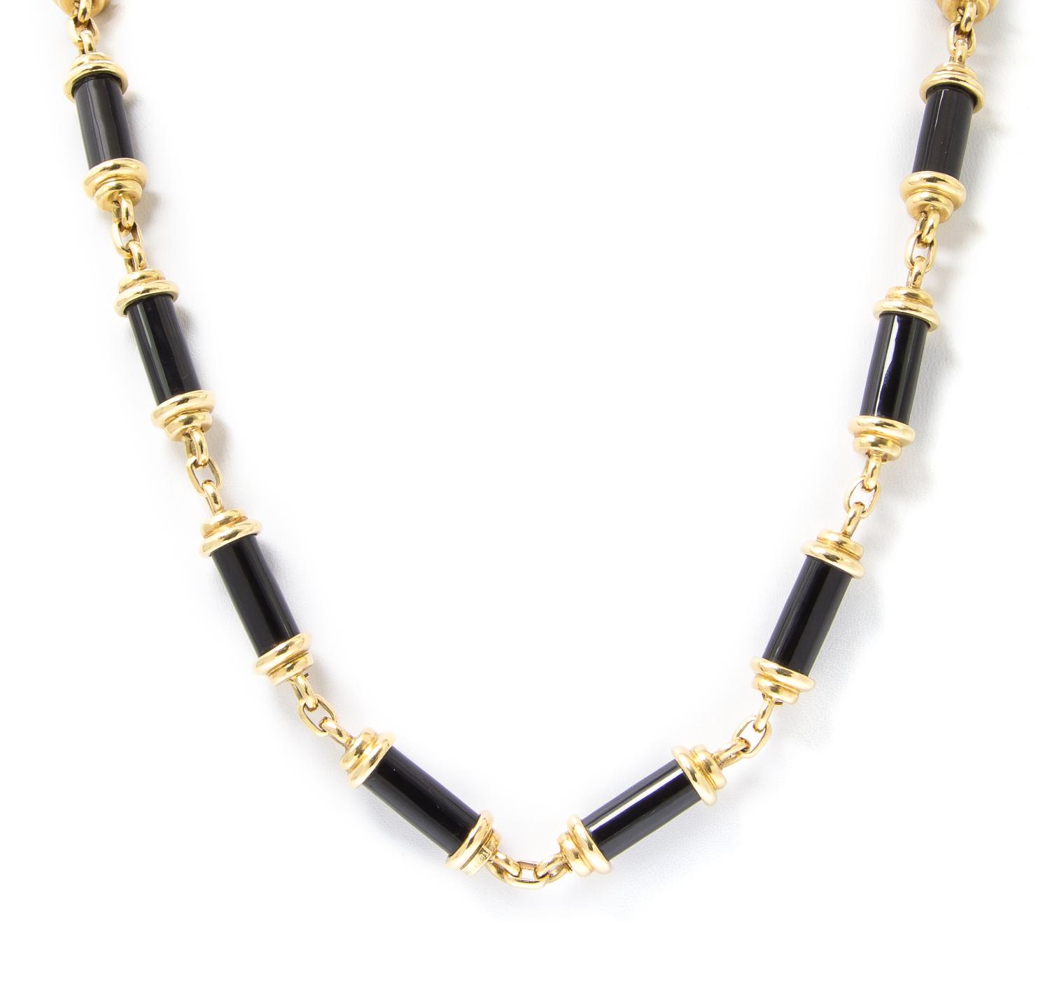 A Yellow Gold and Onyx Longchain, Tiffany & Co., Circa 1973, 89.80 dwts.